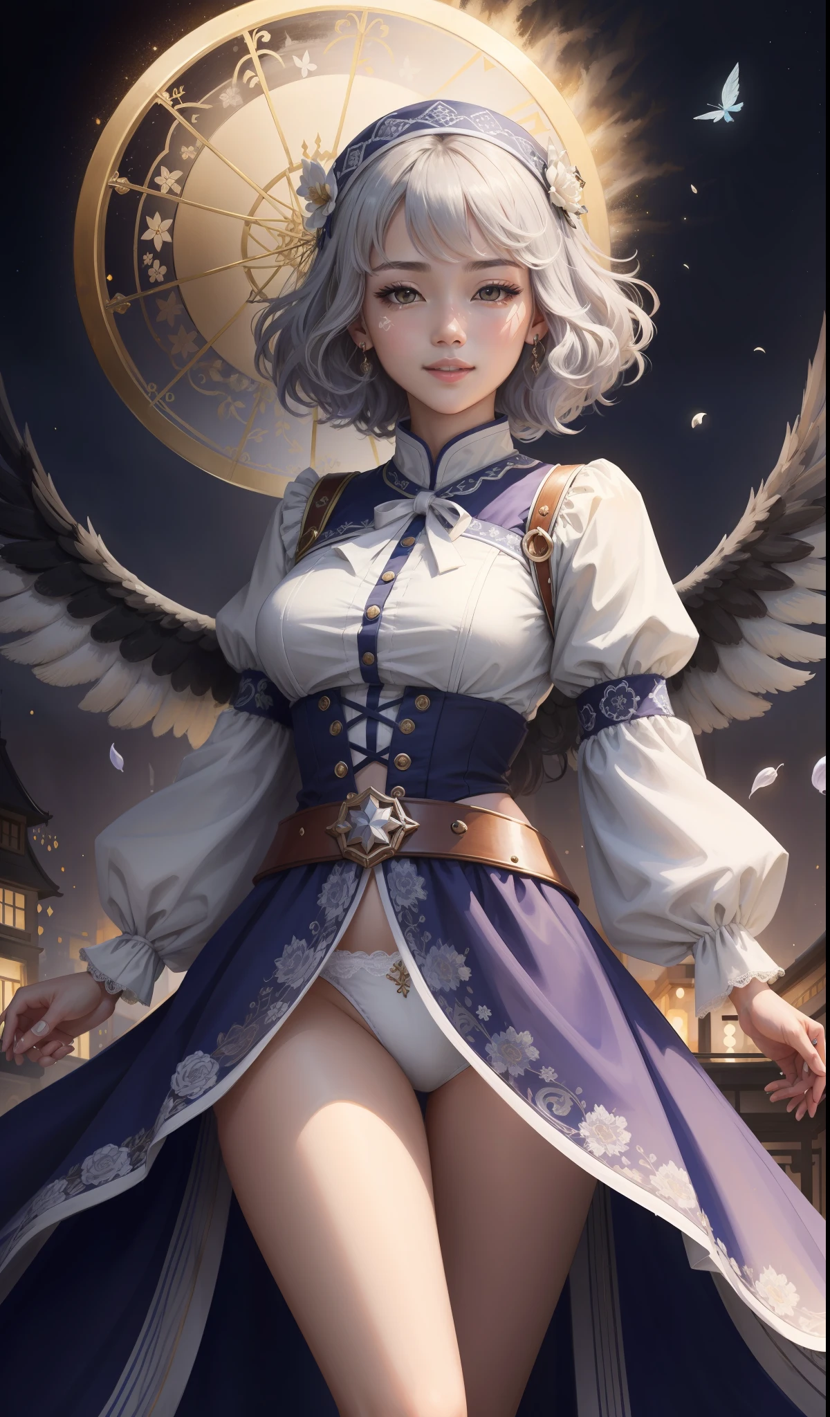 杰作,最佳质量,电影剧照,1girl,漂浮在天空,云女孩,云,(特写:1.1),明亮,快乐,有趣,柔和的灯光,(包豪斯,形状,线条,抽象:1.1)(holding a Umbrella Detail patterned with trim around Umbrella)(fluorescent clothing)( Dharma Wheel back:1.2),(right index finger close to lips:0.6)(hands behind head:0.quat on the ground with legs spread:0.1),, eye wink (Detailed rich feathered belt)(star mark on face: 1.5) (perfect face:0.7) (((1 girl:0.5))(two girl:0.8)photorealistic ((back wrap skirt))(white and color hair:1.2) ,angel ring on head , sakura skirt,, (petal fly:1.1) angel ring on head , silk scarf wrapping fly ((show lace pant1)), big eyes, (Busty boobs (perfusty boobs : 0.5), s on bofted up , (moon in the background), sky charizard fire, ((look at top)), smiling, (two color hair mix), (dancing), active, best anatomy: 1.6, Unreal Engine 5, best quality, very detailed, detailed background, , Best Anatomy, Illustration, Ultra HD, RAW, (PureErosskin_V1:0.0), (ulzzang-6500-v1.1:0.0), , Wildcard Prompt: (((Masterpiece))), (((Best Quality ))), ((super detailed)), illustration, (detailed light), cinematic light, cute girl, flying hair, playful smile, light hair, pastel painting, art nouveau, In Full Growth, Cinematic Light, Ultra Detailed, Detailed Face, Realistic Face, Detailed Eyes, Realistic Eyes, Sweet Lips, Bright Smile, ((Flying Hair: 1.1, Sharp focus, handsome, long-legged, thin, professional lighting, rendered eyes, hair accessories, (Asian Idol), architecture, birds and butterflies and bubbles in the lower boobs, navel, celestial body, in rode, nice Idol, ((( Above the waist))), , (((perfect face:0.5))), 18y, magic castle, spaceship, (((masterpiece))), (((best quality))), perfect Eye,