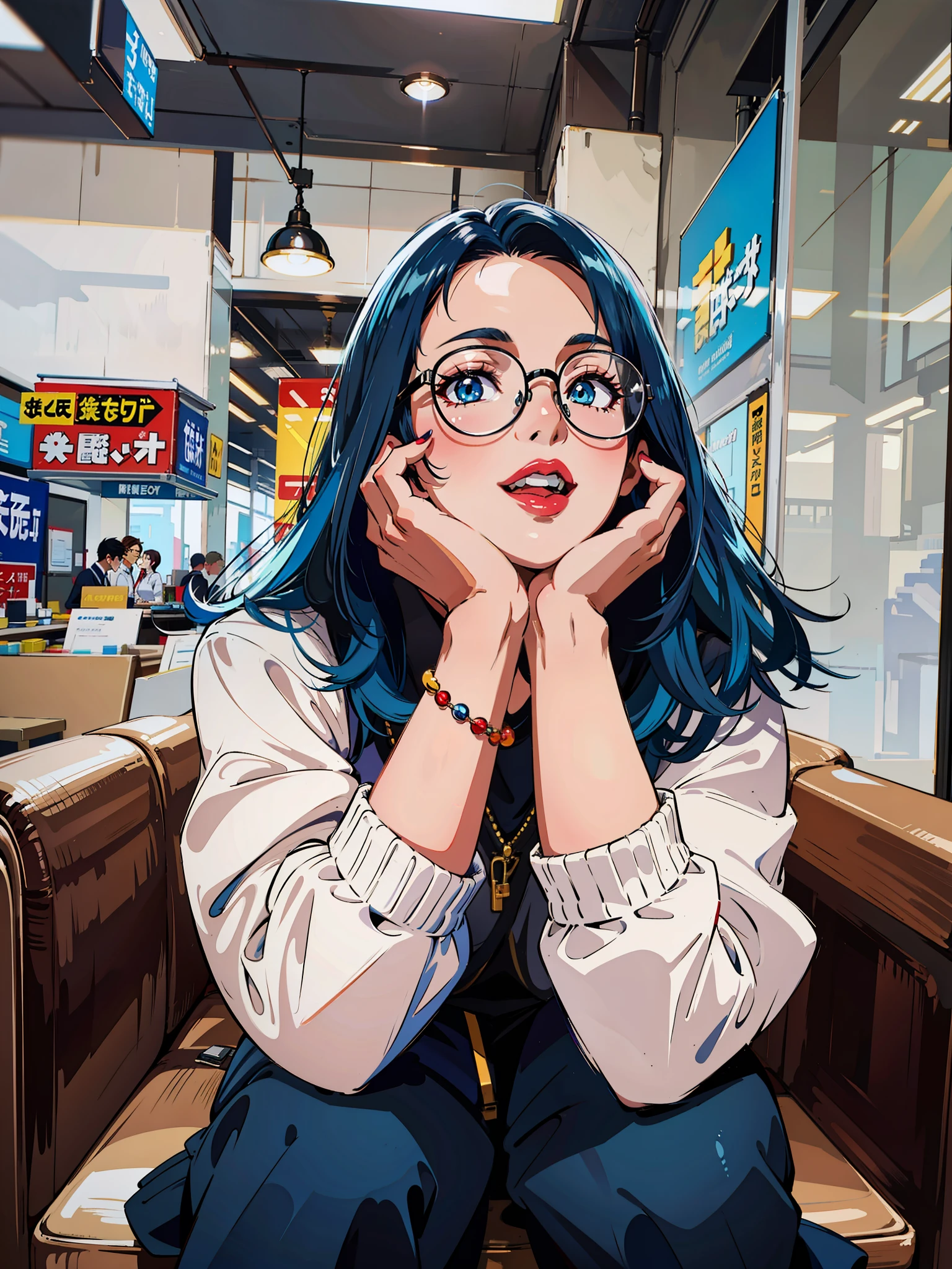(masterpiece),(best quality:1.0), (ultra highres:1.0), detailed illustration, 8k, 1girl, beautiful girl anime, blue eyes, detailed eyes, glasses, black and blue hair, two toned hair, detailed hair detailed, highlights on hair, red lips, red lipstick, smile, best quality, detailed