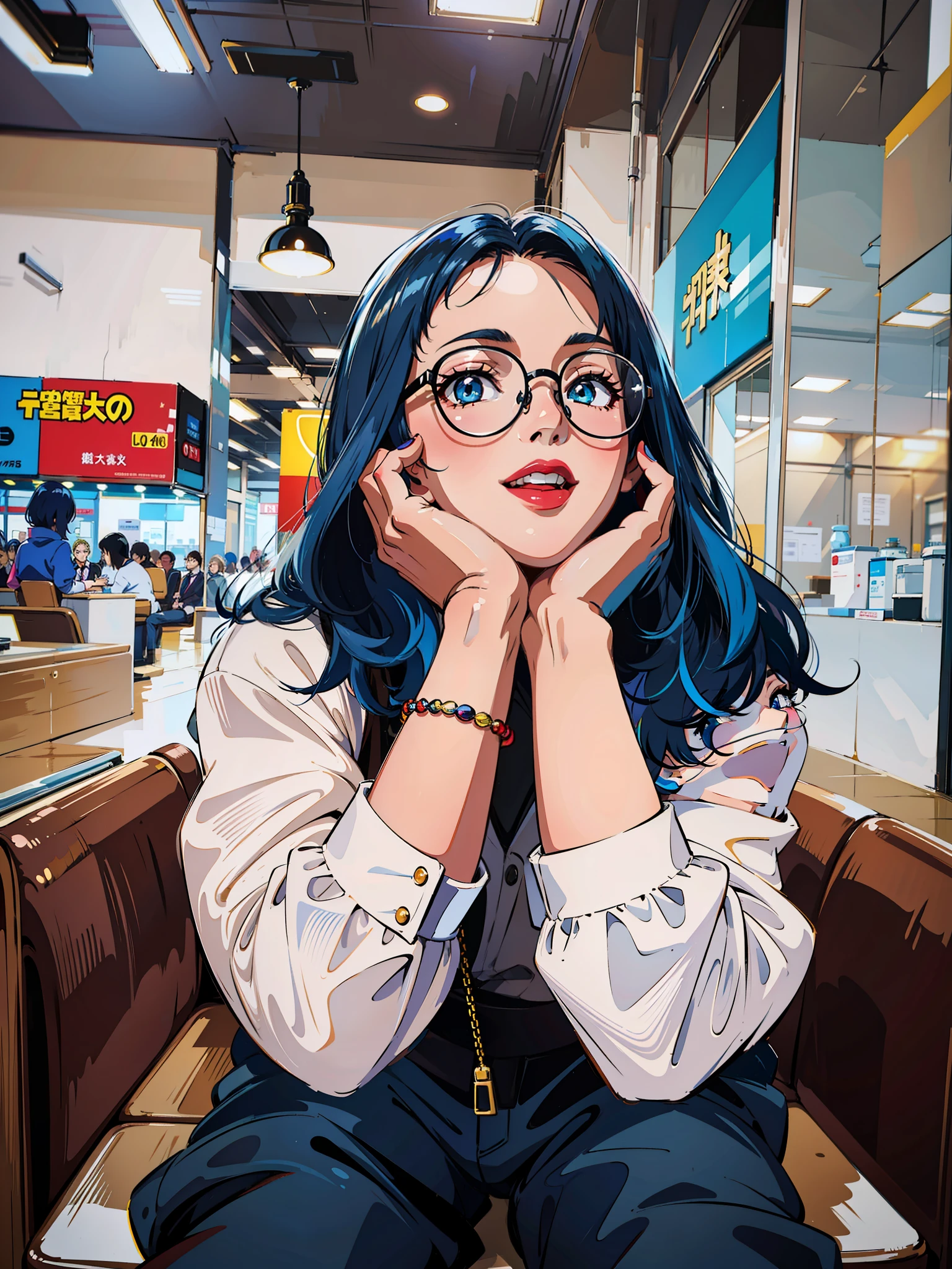 (masterpiece),(best quality:1.0), (ultra highres:1.0), detailed illustration, 8k, 1girl, beautiful girl anime, blue eyes, detailed eyes, glasses, black and blue hair, two toned hair, detailed hair detailed, highlights on hair, red lips, red lipstick, smile, best quality, detailed