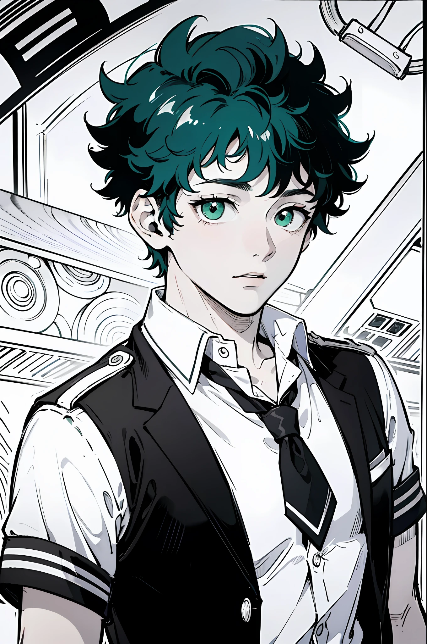 Masterpiece, top quality, 8k, one man, Izuku Midoriya, , high school uniform, shining big green eyes, monochrome, line art,