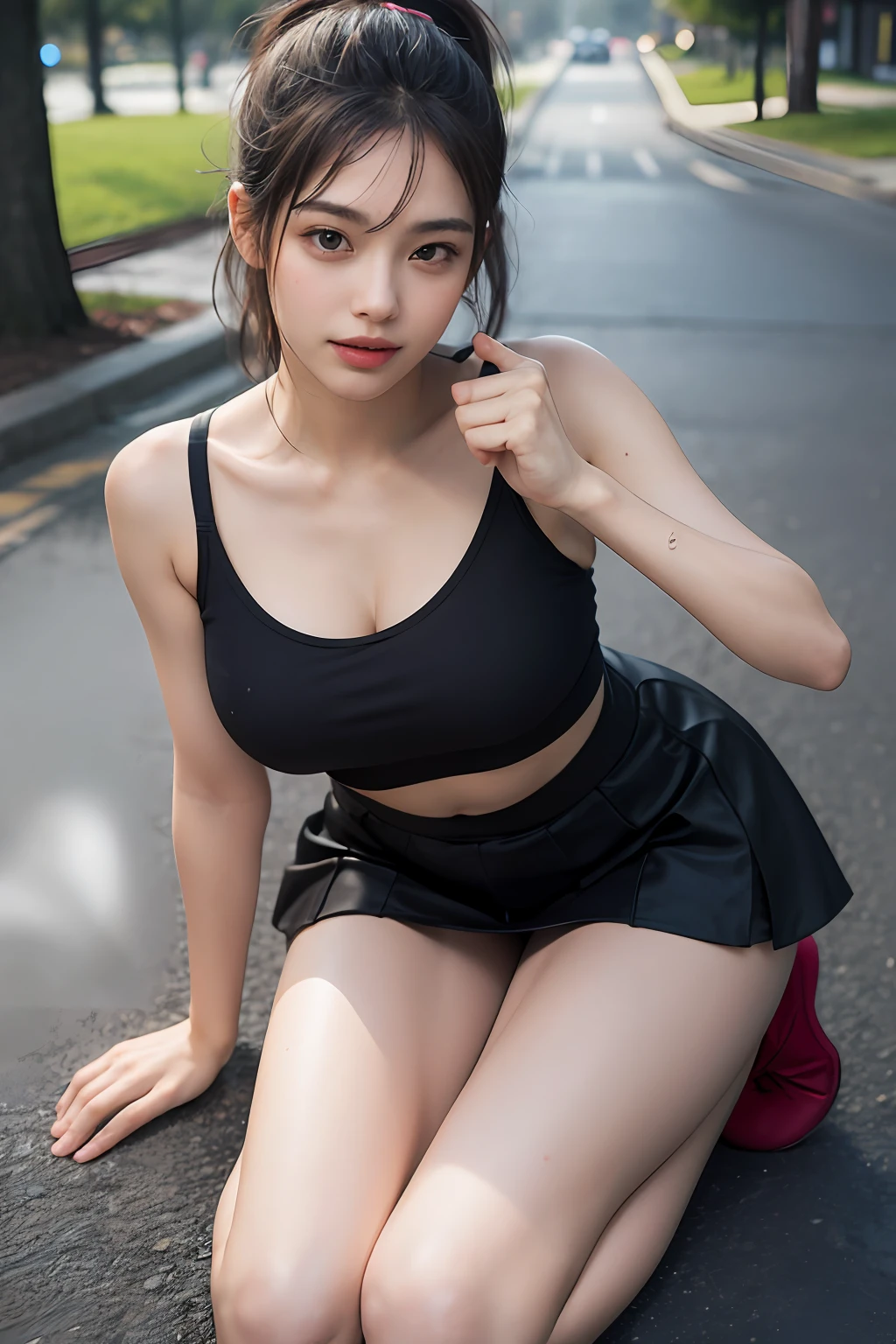 ((Top Quality, 8K, Masterpiece: 1.3)), Focus: 1.2, Perfect Body Beauty: 1.4, Buttocks: 1.2, ((High Ponytail, Clavicle: 1.2)), (Short Skirt: 1.1), (Rain, Street: 1.3), Highly Detailed Face and Skin Texture, Narrow Eyes, Double Eyelids, Whitened Skin, Long Hair, (Shut Up: 1.3), Smile, Long Legs, Full Body, Best proportions of 4 fingers and 1 thumb, smiley face, face texture: 1.3, sunshine, summer, collarbone, beautiful eyes, real face, real skin, realistic face, realistic skin, detailed eyes, detailed facial features, big, detailed clothing features, detailed face, tight fit, POS random, clothes random: 1.1