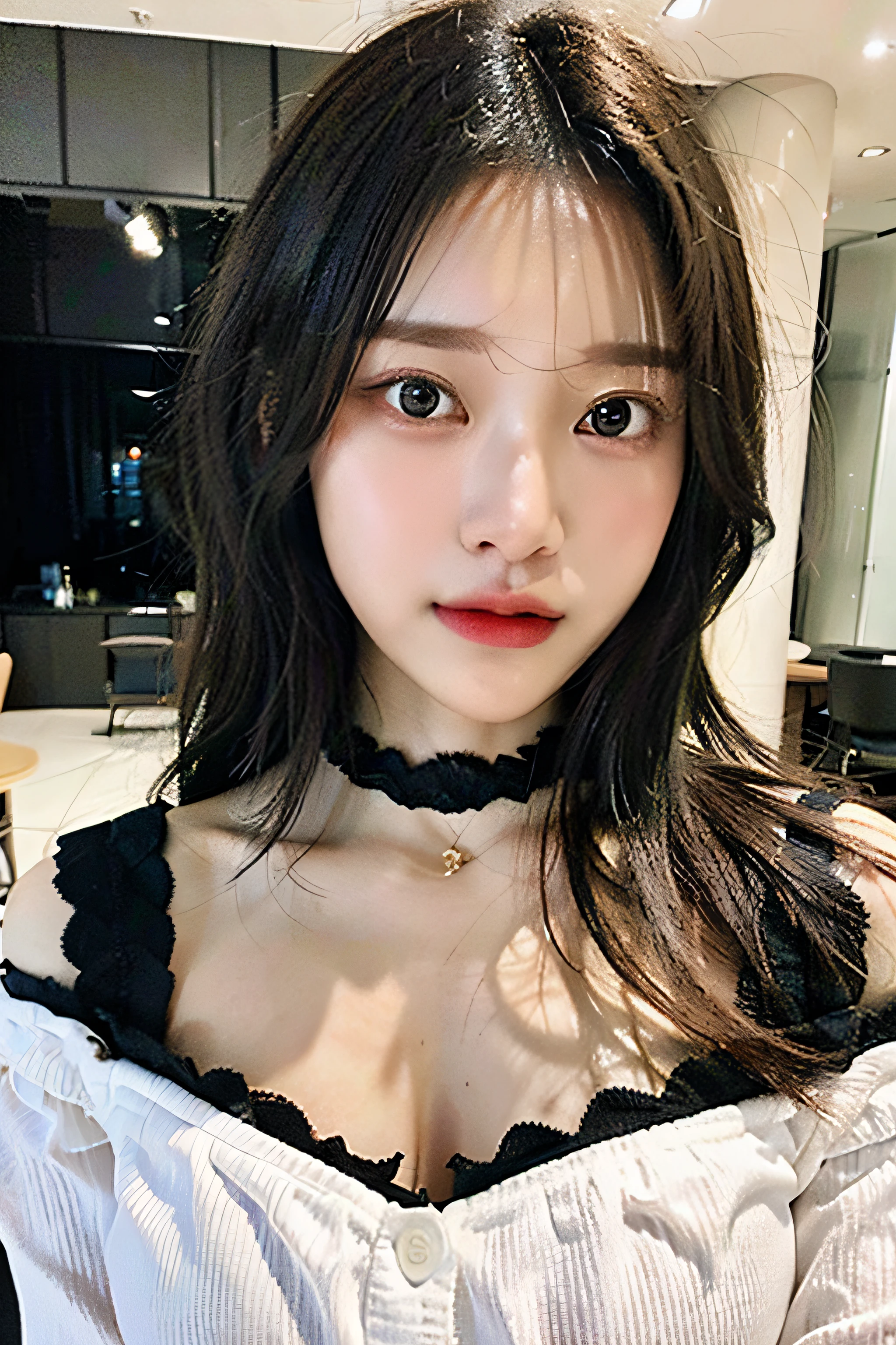 best quality, ultra high res, (((Very detailed face)))), ((Very detailed eyes and face)))), Beautiful detail eyes, (photorealistic:1.4), 1girl, off-shoulder white shirt, black tight skirt, black choker, (faded ash gray hair:1), (huge breasts:1.4),full body portrait, looking at viewer, closeup ,