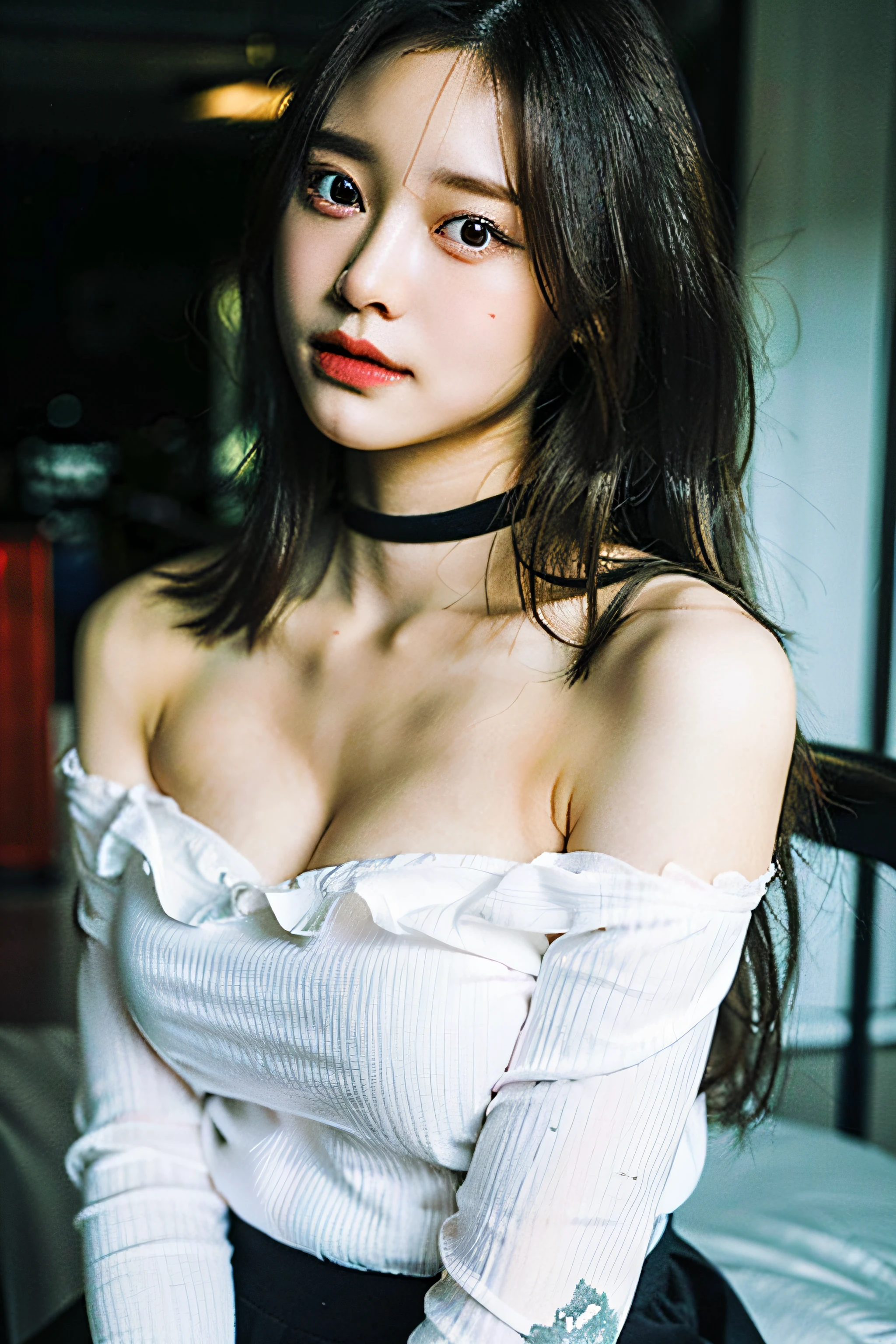 best quality, ultra high res, (((Very detailed face)))), ((Very detailed eyes and face)))), Beautiful detail eyes, (photorealistic:1.4), 1girl, off-shoulder white shirt, black tight skirt, black choker, (faded ash gray hair:1), (huge breasts:1.4),full body portrait, looking at viewer, closeup ,