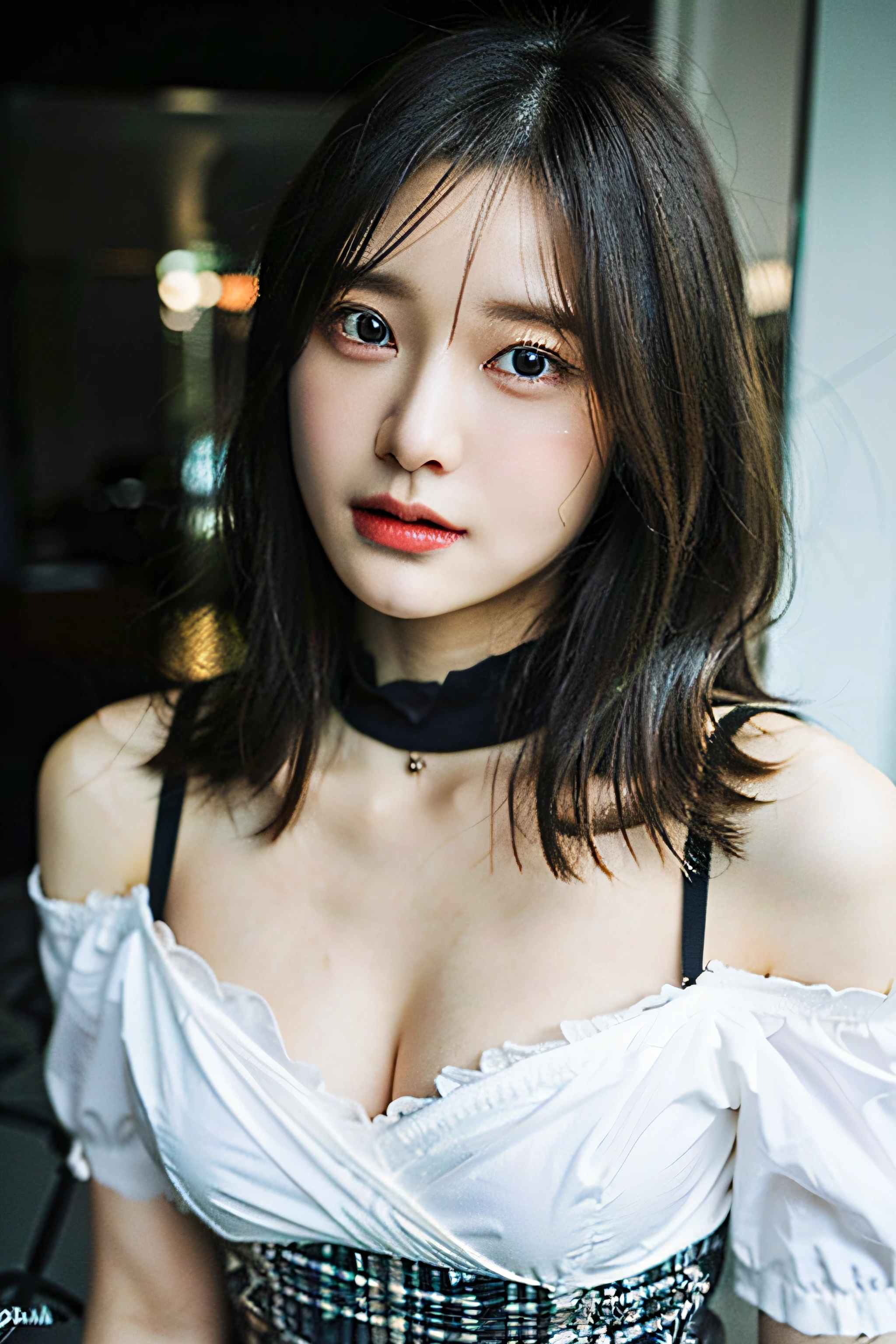 best quality, ultra high res, (((Very detailed face)))), ((Very detailed eyes and face)))), Beautiful detail eyes, (photorealistic:1.4), 1girl, off-shoulder white shirt, black tight skirt, black choker, (faded ash gray hair:1), (huge breasts:1.4),full body portrait, looking at viewer, closeup ,