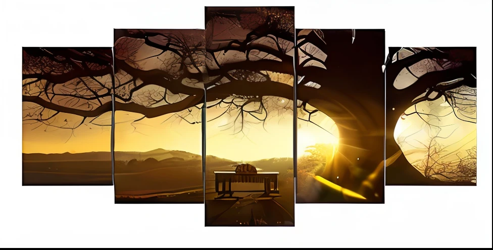 a large tree with a bench under it in the sunset, warm beautiful scene, scenery artwork, canvas art, canvas painting, golden hour scene, nature painting, dream scenery art, sunset light, golden hour time, sunset with falling leaves, trending artistic art, scenery art detailed, sunrise light, landscape art, awesome greate composition, at sunset in autumn, artistic painting