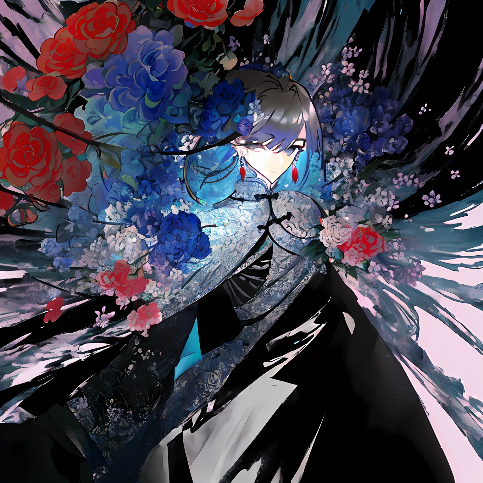 (masterpiece, top quality, official art, beautiful and aesthetic:1.2), 1boy, extremely detailed, (fractal art:1.1), (colorful:1.1)(flowers:1.3), highest detailed, (zentangle:1.2), (dynamic pose), (abstract background:1.3), (chinese Traditional cloth:1.2), (shiny skin), (many colors:1.4), (earrings:1.4), best quality