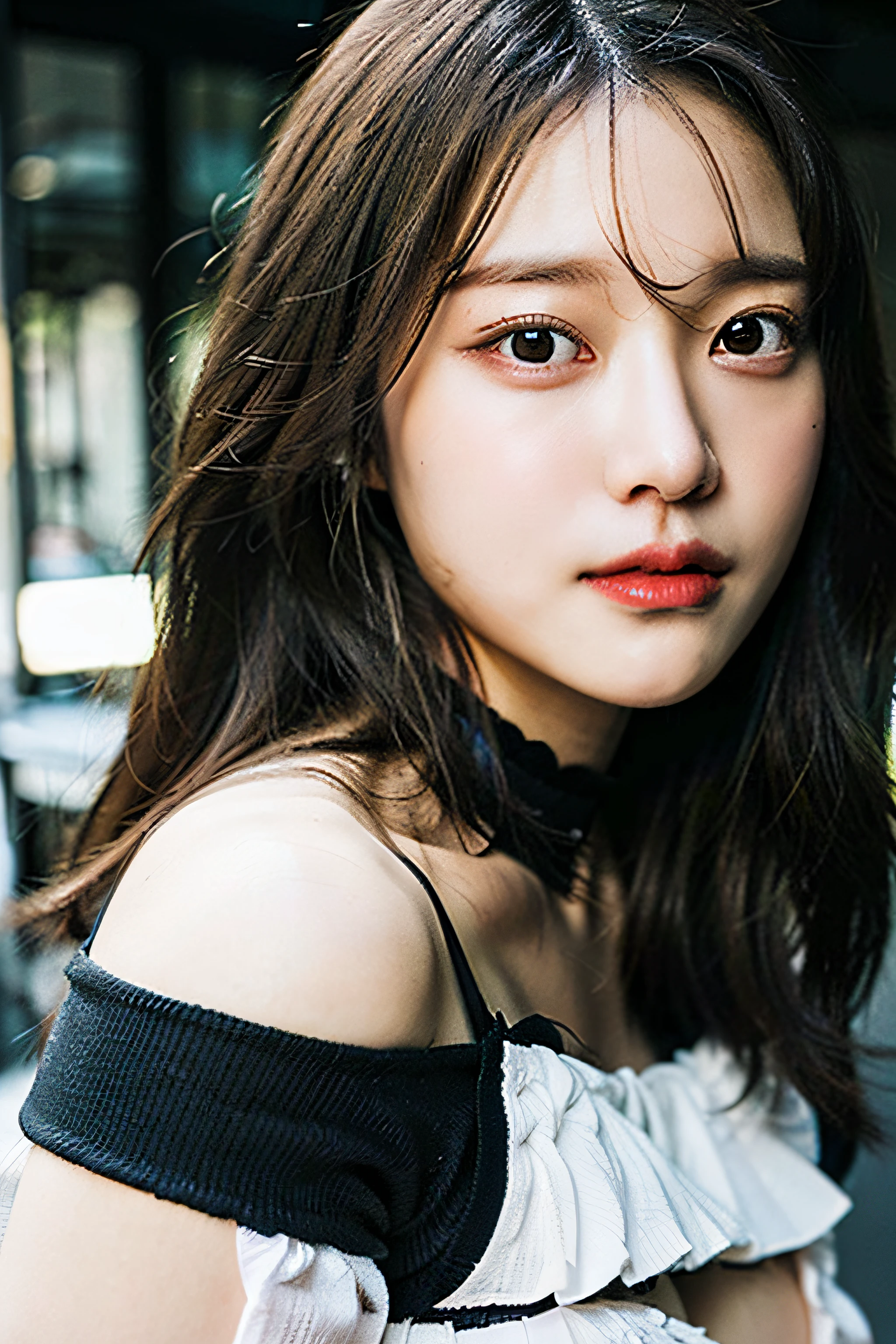best quality, ultra high res, (((Very detailed face)))), ((Very detailed eyes and face)))), Beautiful detail eyes, (photorealistic:1.4), 1girl, off-shoulder white shirt, black tight skirt, black choker, (faded ash gray hair:1), (huge breasts:1.4),full body portrait, looking at viewer, closeup ,