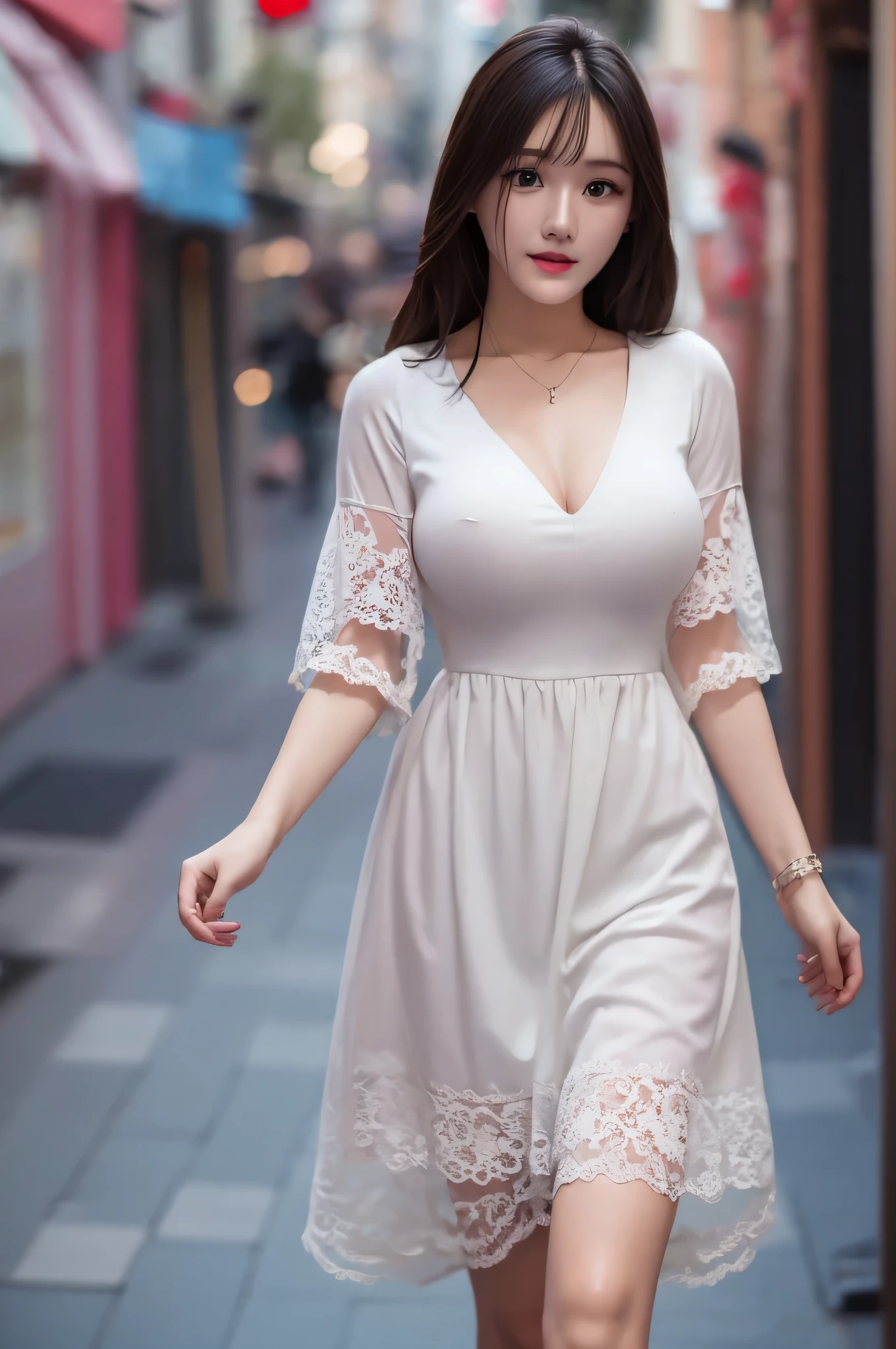 1 girl walking on street in lace dress, she look at the viewer, solo, half body, close up,