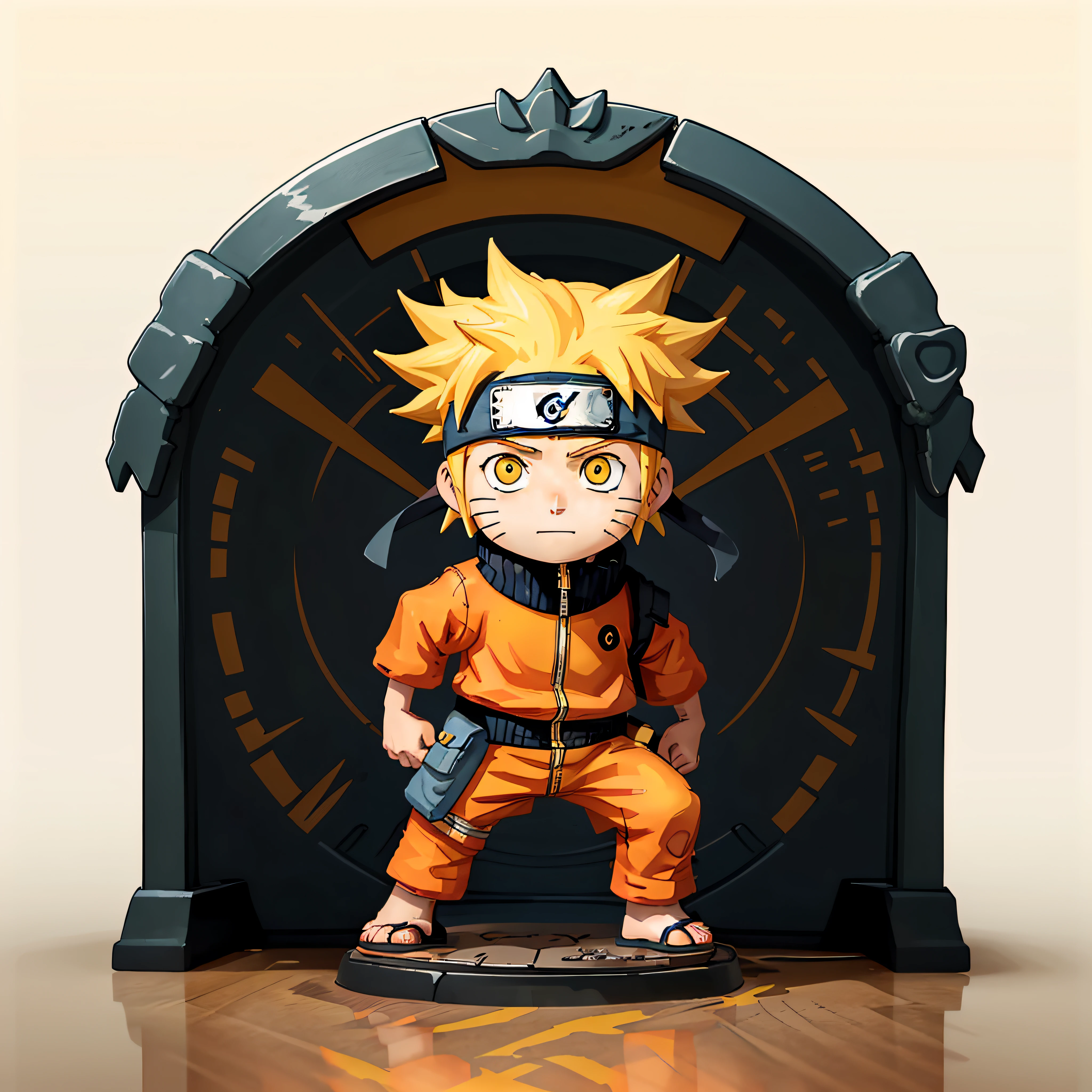 Funky pop Naruto statue, made of plastic, shot in product studio, on white background, diffuse lighting, centered, yellow clothes, normal hands, normal feet