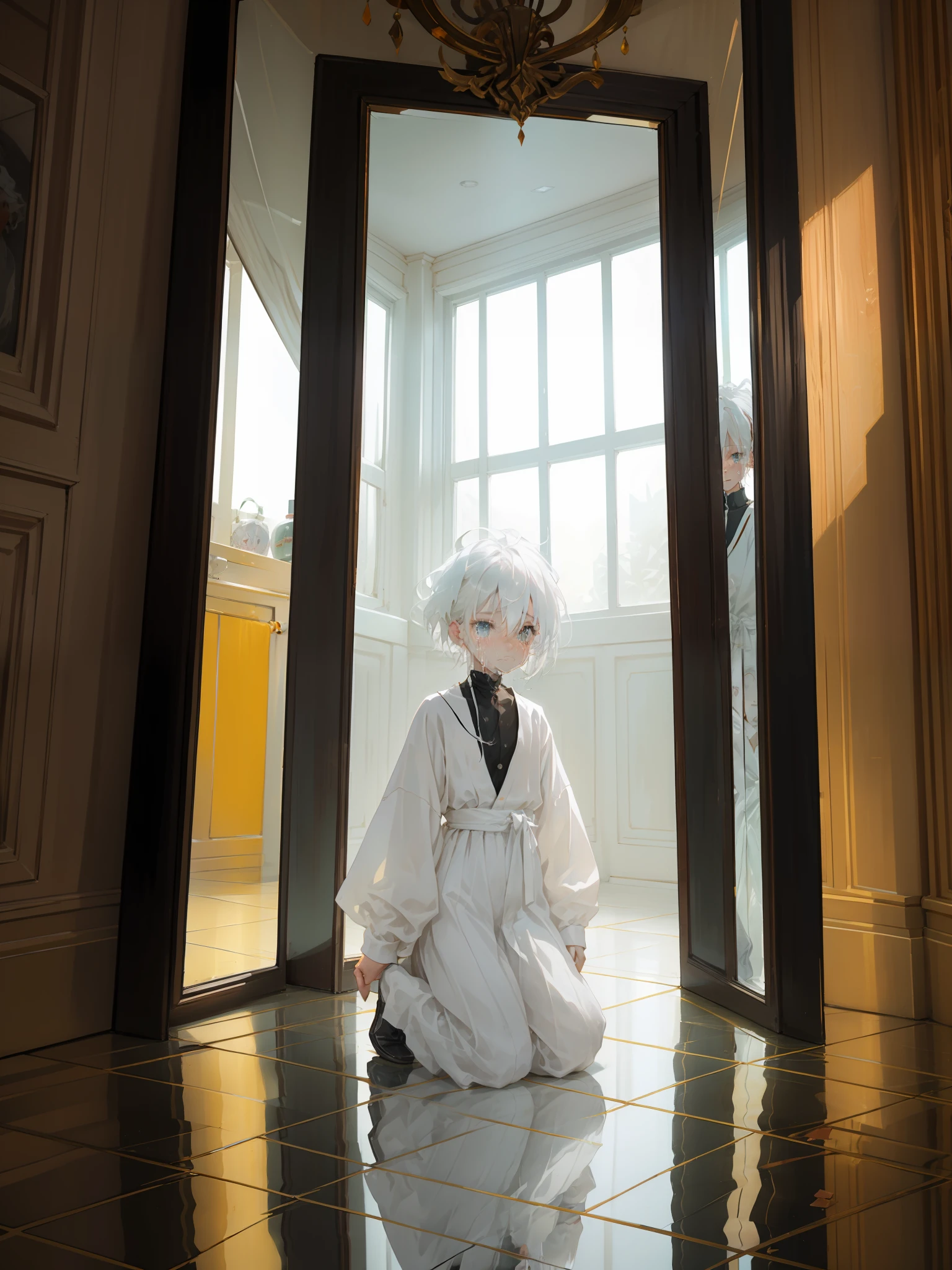 (4k), crying white-haired little Shota, dressed in white, kneeling in front of a broken floor-to-ceiling mirror, facing the mirror, in the mirror is a black self, strong contrast, dark color, cinematic lens, 3D, looking down