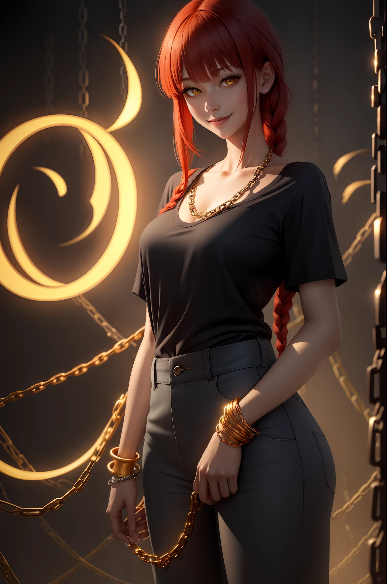 Makima, best quality, ultra detailed, 1girl, solo, standing, red hair, long braided hair, golden eyes, bangs, medium breasts, black shirt, look, smile, (bad: 1.2), looking at the viewer, (interview: 1.3), (dark background, chains: 1.3),