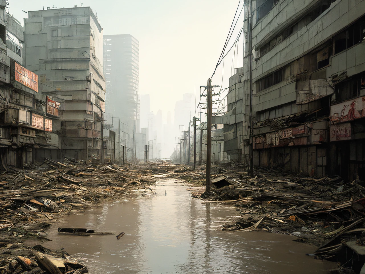 Floods, storms, typhoons, tornadoes, turbid currents, city buildings with trains passing through the streets, dusty ruins Shinjuku, post-apocalyptic Tokyo, post-apocalyptic Tokyo, junk of abandoned Shinjuku, octane rendering. Makoto Shinkai, abandoned Shinjuku Junktown, Tokyo anime scene, ultra-realistic cyberpunk city, abandoned dystopian city, cyberpunk Hiroshima, futuristic background of Tokyo, tram overturned in the center.