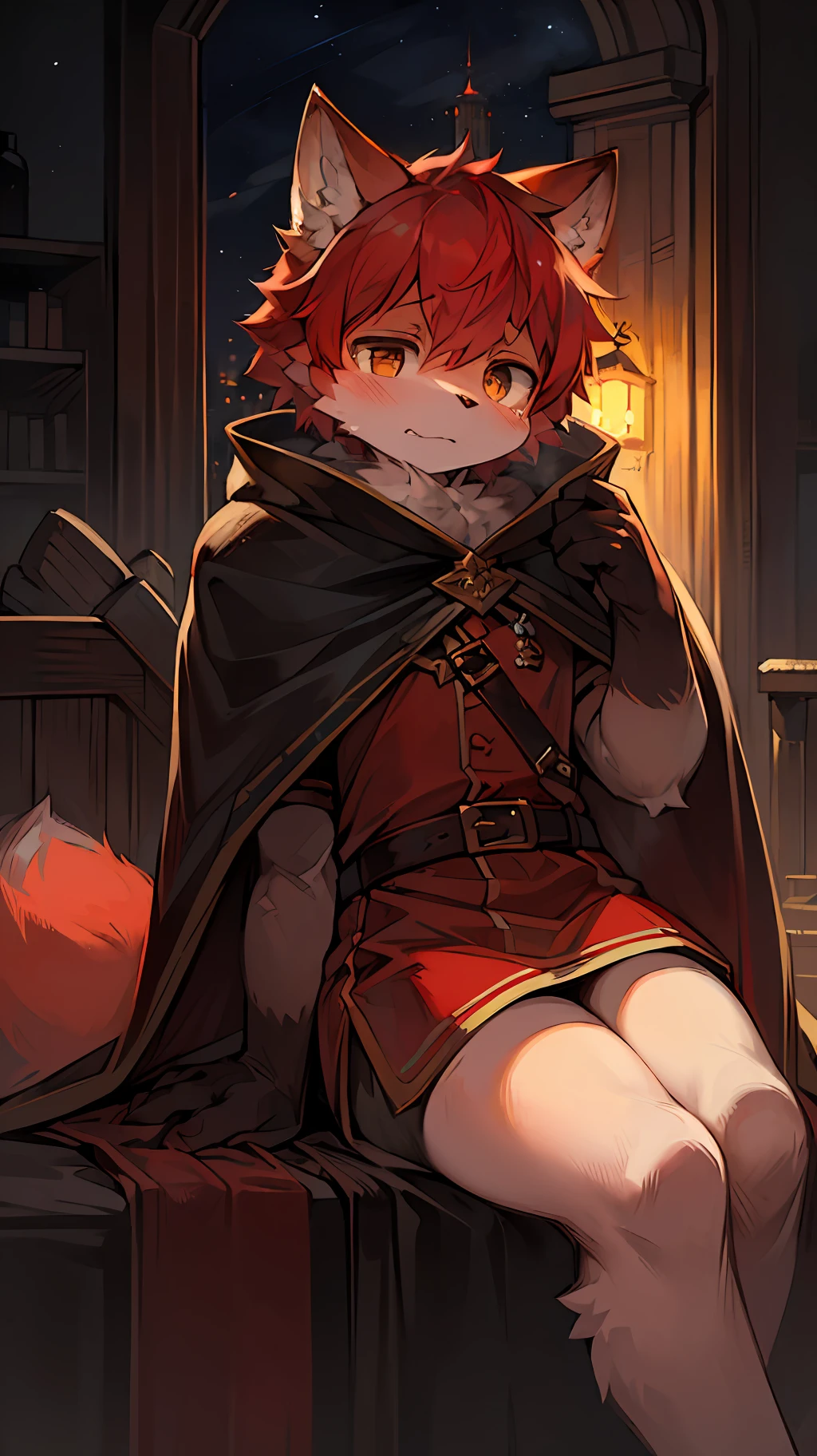 (Dark Environment: 0.8), Masterpiece, High Quality, Abstract Res, Digital Painting\(artwork\), by Dagasi, Yupa, Kiyosan, (Anthro, Fluffy Fur, Character Focus: 1.1), Anthro Male Cat, Short Hair, Portrait , bright eyes, panorama, character focus. (Detailed background: 0.7), Solo, Furry, Hairy male, Heterophile, Sad, Male focus, Anthr, (Full body fur, Fluffy tail, Red fur, Red hair, White cheeks: 1.2), (Wolf Fox, Cloak: 1.2), (Interior, Night, Tower: 1.2)