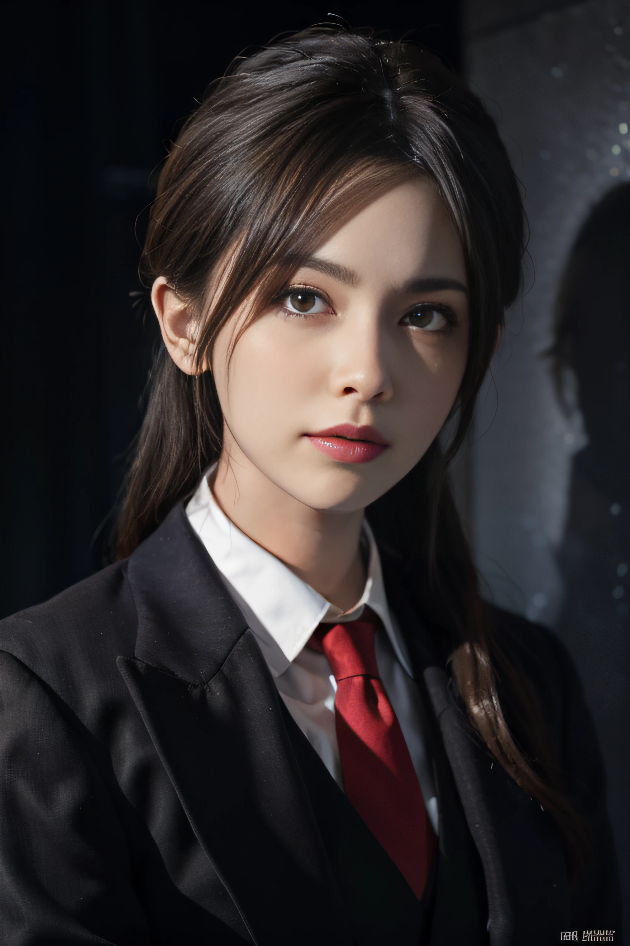 Surrealist female portraits by David Hockney and Alphonse Mucha, fantasy art, photorealism, dynamic lighting, artstation, poster, volumetric lighting, very detailed faces, 4k, award-winning, 1girl, in the dark, deep shadows, understated, black stockings, (formal wear: 1.4), long hair, gray hair,