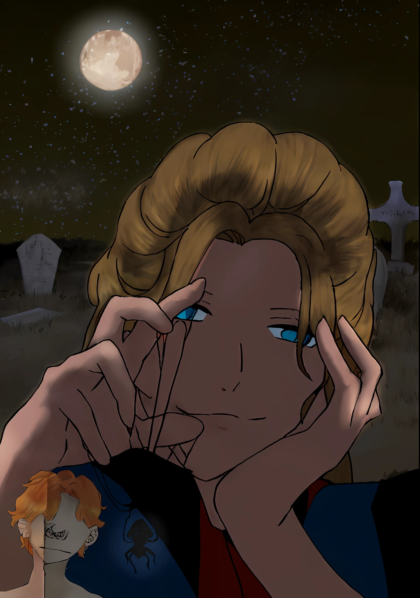 Brown haired man with blue eyes and a blue shirt holding his hand on his face, Johan Liebert mixed with Alucard, Boromir in an 80's anime world, digitally colored, sitting in a cemetery at night, Johan Liebert, Johan Liebert mixed with Dante, a cel animation by Dana Scully, bottom angle, creepy pose, scary!!