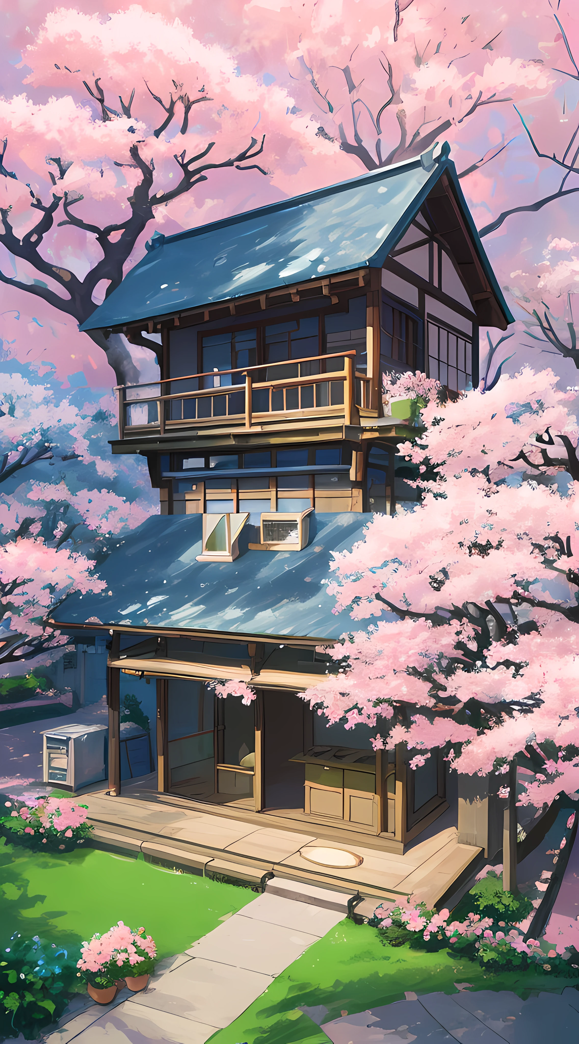 Masterpiece, best quality, (very detailed CG unity 8k wallpaper) (best quality), (best illustration), (best shadows) Nature&#39,((( colors pink and blue)))), drawing a big spacious Japanese style room, high floor, trewen drinking table with sleeping cat, view from the room to the yard, ((cherry blossom tree in full bloom outside courtyard)),((wide viewing angle)), ( some sleeping cat ) main colors pink and blue, makoto sinkai, studio gliply makoto shinkai, studio Ghibli environment, makoto shinkai. —h 2160, ( Ghibli stule ), anime background art, Japanese house, studio Ghibli aesthetic, anime background art, anime scenery, light studio Ghibli concept art light, beautiful anime scenery, art anime scene ideas, studio Ghibli concept a