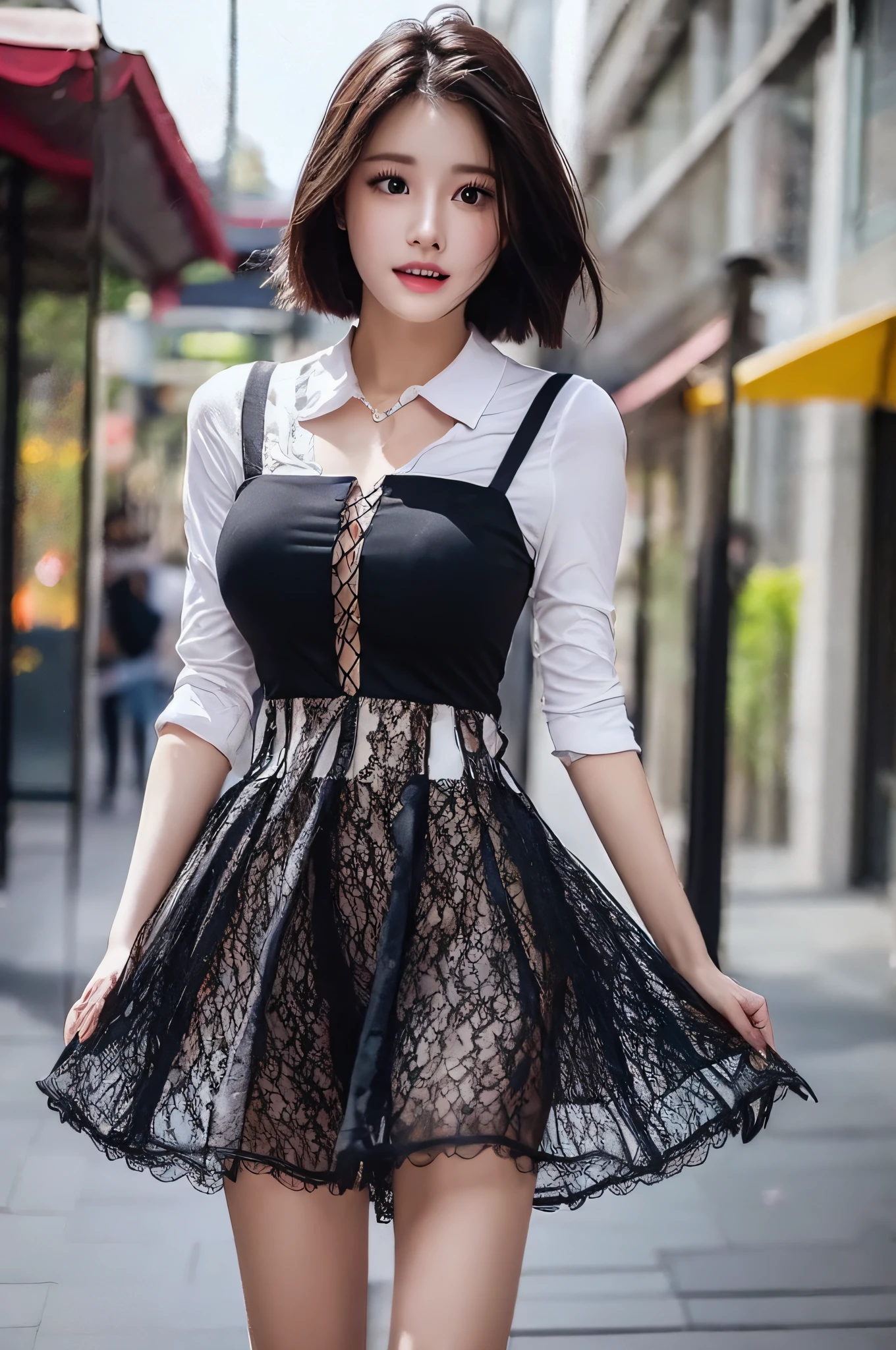 1 girl walking on street in lace dress, she look at the viewer, solo, half body, close up,