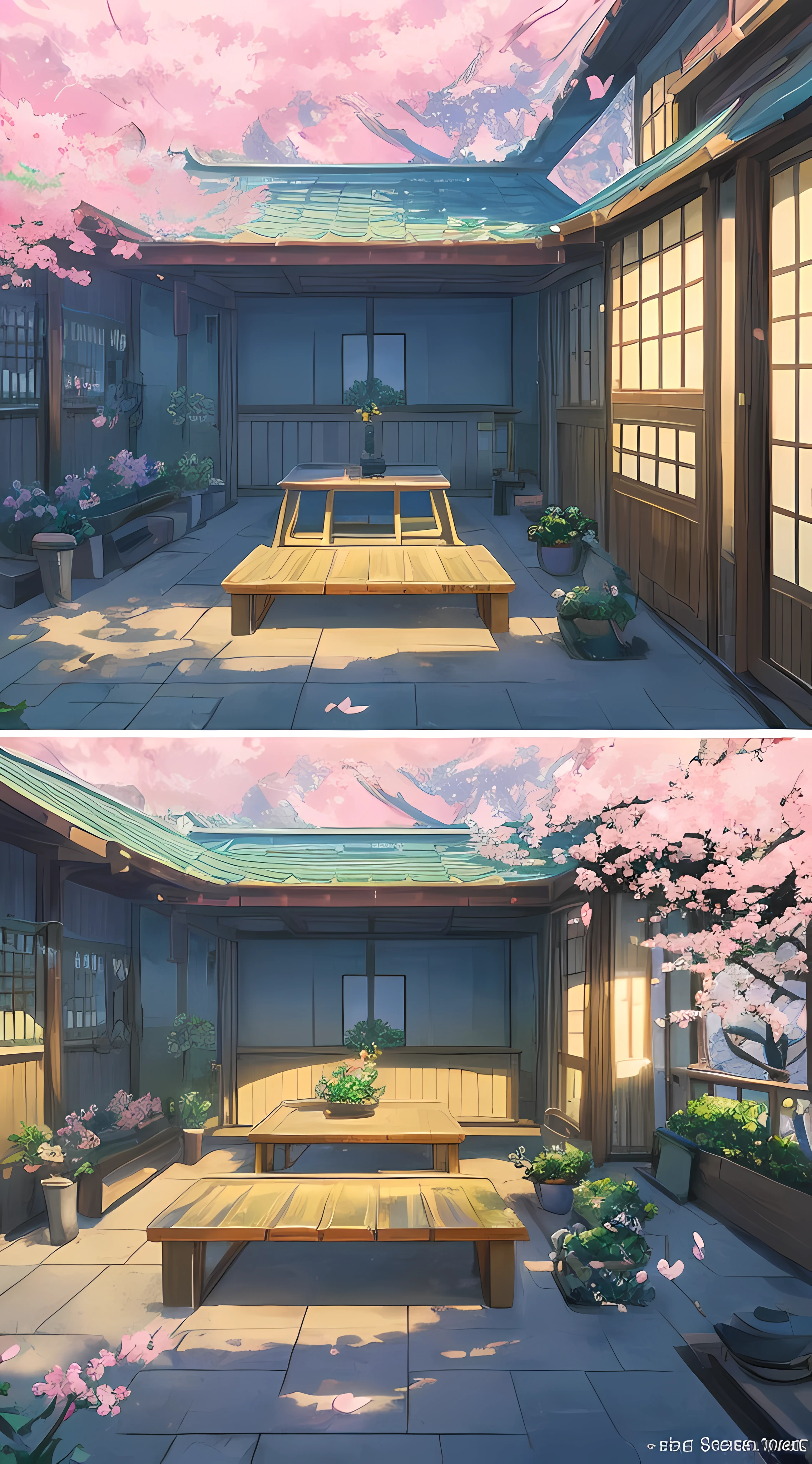 Masterpiece, best quality, (very detailed CG unity 8k wallpaper) (best quality), (best illustration), (best shadows) Nature',((( colors pink and blue)))), drawing a big spacious Japanese style room, high floor, trewen drinking table with sleeping cat, view from the room to the yard, ((cherry blossom tree in full bloom outside courtyard)),((wide viewing angle)), ( some sleeping cat ) main colors pink and blue, makoto sinkai, studio gliply makoto shinkai, studio Ghibli environment, makoto shinkai. —h 2160, ( Ghibli stule ), anime background art, Japanese house, studio Ghibli aesthetic, anime background art, anime scenery, light studio Ghibli concept art light, beautiful anime scenery, art anime scene ideas, studio Ghibli concept a