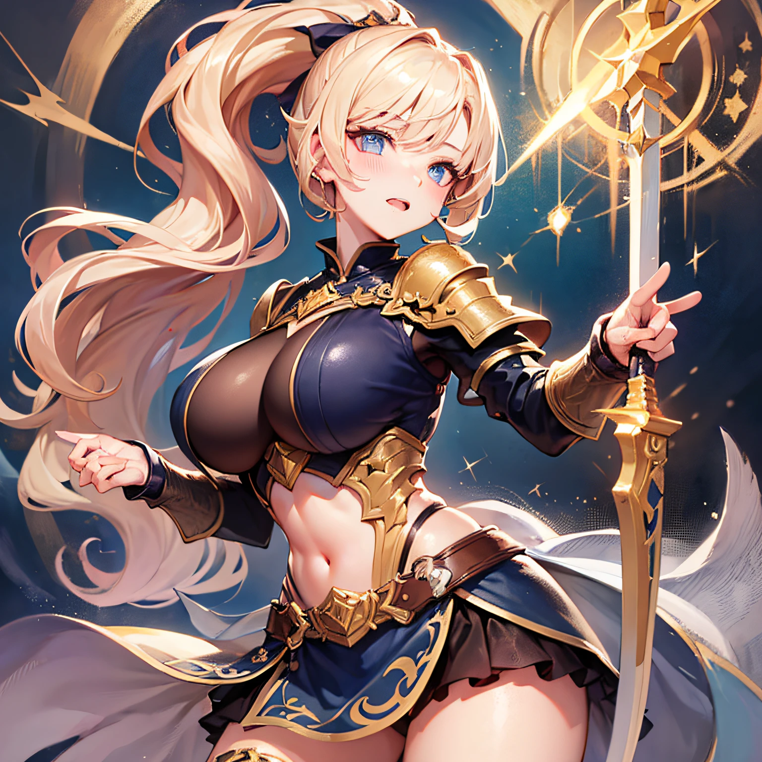 Peerless beauty, perfect slim body, mature royal sister face, double ponytail curls, knightly armor, sexy and seductive, beautiful face, full body portrait, standing pose, 4K picture quality, feminine expression, blush shyness, star-like deep eyes, huge breasts, short skirt, sword and magic. Bust overflow, fighting with Warcraft, speed lines, best quality, masterpieces,