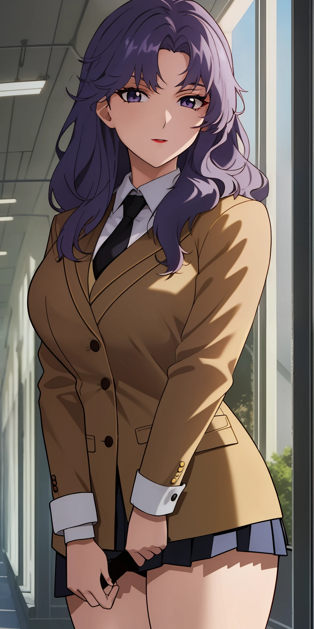 (Big Breasts: 1.4), ElHazardIfurita, Ifurita School Uniform, large_breasts, Standing, Solo, Masterpiece, Best Quality, Detailed Face, Detailed Eyes, Highlight, Purple Hair