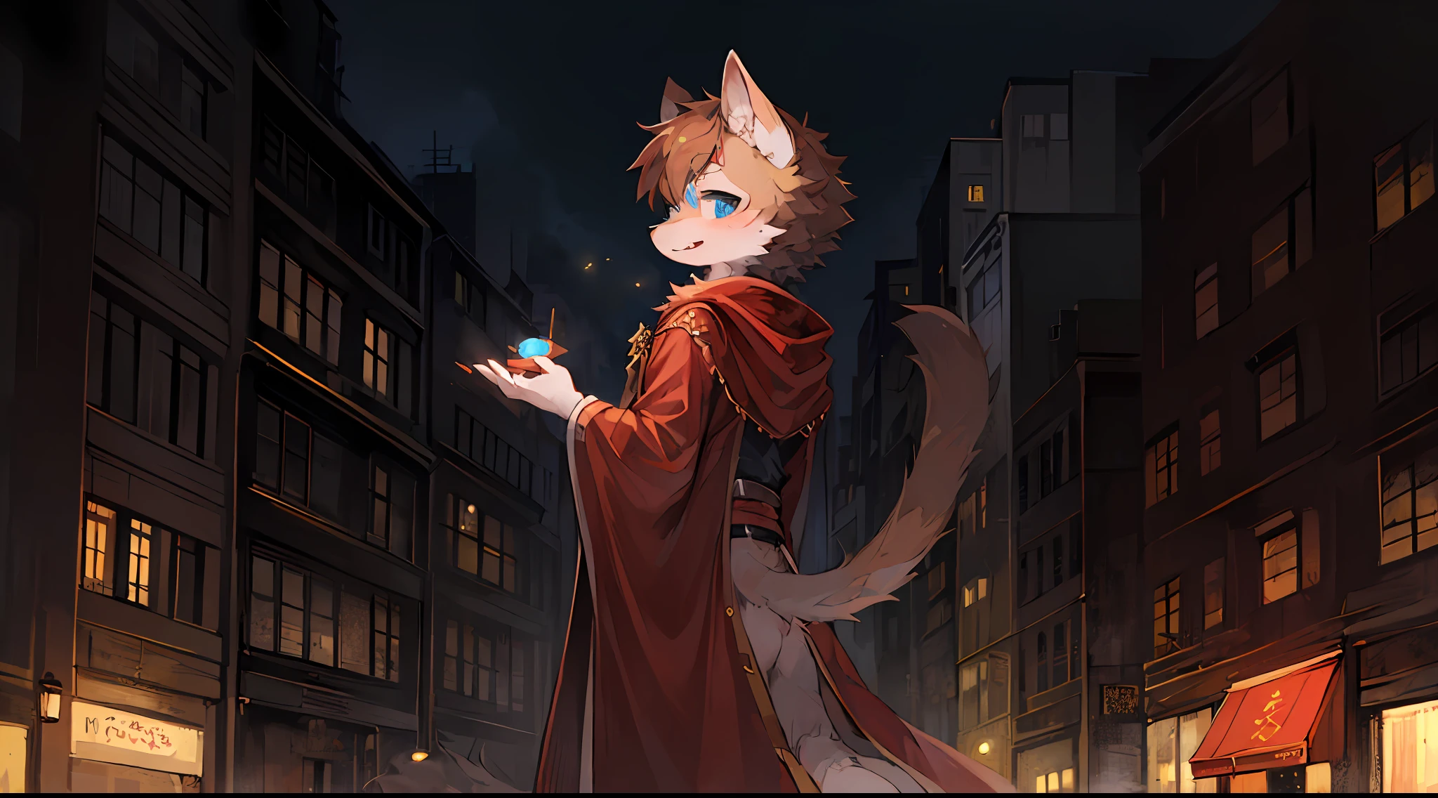 (Dark Environment: 0.8), Masterpiece, High Quality, Abstract Res, Digital Painting\(artwork\), by Dagasi, Yupa, Kiyosan, (Anthro, Fluffy Fur, Character Focus: 1.1), Anthro Male Cat, Short Hair, Portrait,bright eyes, panorama, character focus. (Background: 0.7), Solo, Furry, Furry Male, Back, Male Focus, Anthr, (Full Body Fur, Fluffy Tail, White Fur, Blue Eyes, Brown Hair: 1.1), (Canine, Upright, Cheerful, Magician, Cloak: 1.2), (Exterior, Daytime, Building: 1.5)