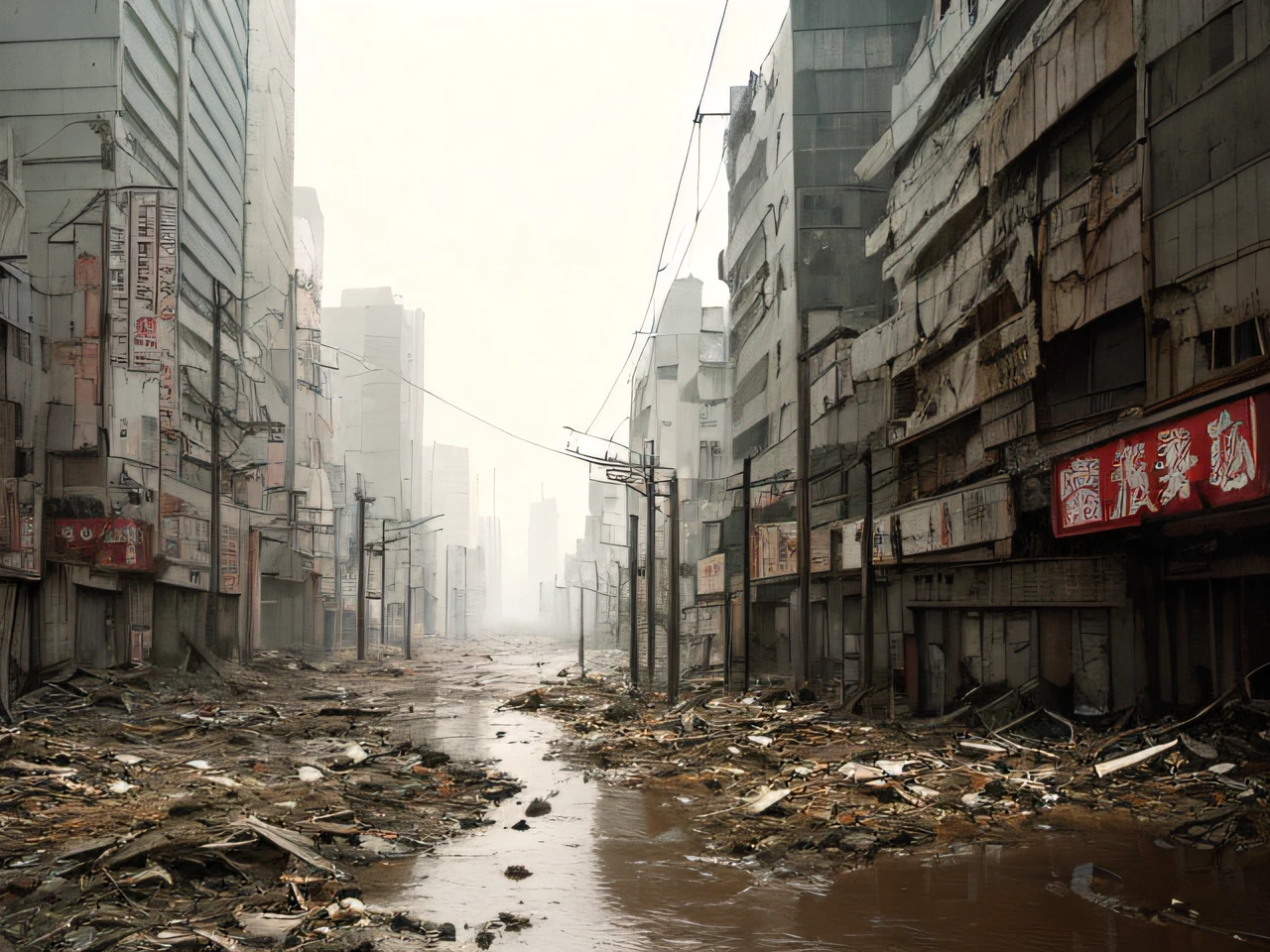Floods, storms, typhoons, tornadoes, turbid currents, city buildings with trains passing through the streets, dusty ruins Shinjuku, post-apocalyptic Tokyo, post-apocalyptic Tokyo, junk of abandoned Shinjuku, octane rendering. Makoto Shinkai, abandoned Shinjuku Junktown, Tokyo anime scene, ultra-realistic cyberpunk city, abandoned dystopian city, cyberpunk Hiroshima, futuristic background of Tokyo, tram overturned in the center.