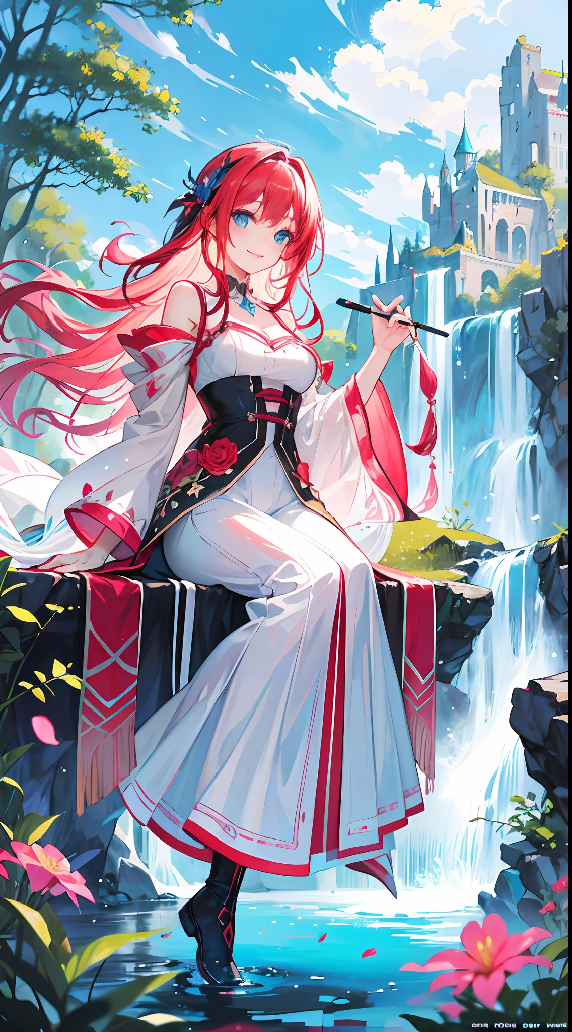Draw a colorful red-haired and blue eyes girl completely immersed in her own fantasy painting. Step into the painting and find yourself in a magical world of vibrant colors and enchanting landscapes. Majestic floating islands, radiant flowers, and mythical creatures surround her. Watch as she uses her brush and palette to bring the scenery to life, with trees that whisper secrets and waterfalls that sing melodic tunes. She is lost in her own world of wonder and creativity, with eyes sparkling and a joyous smile on her face. To book cover