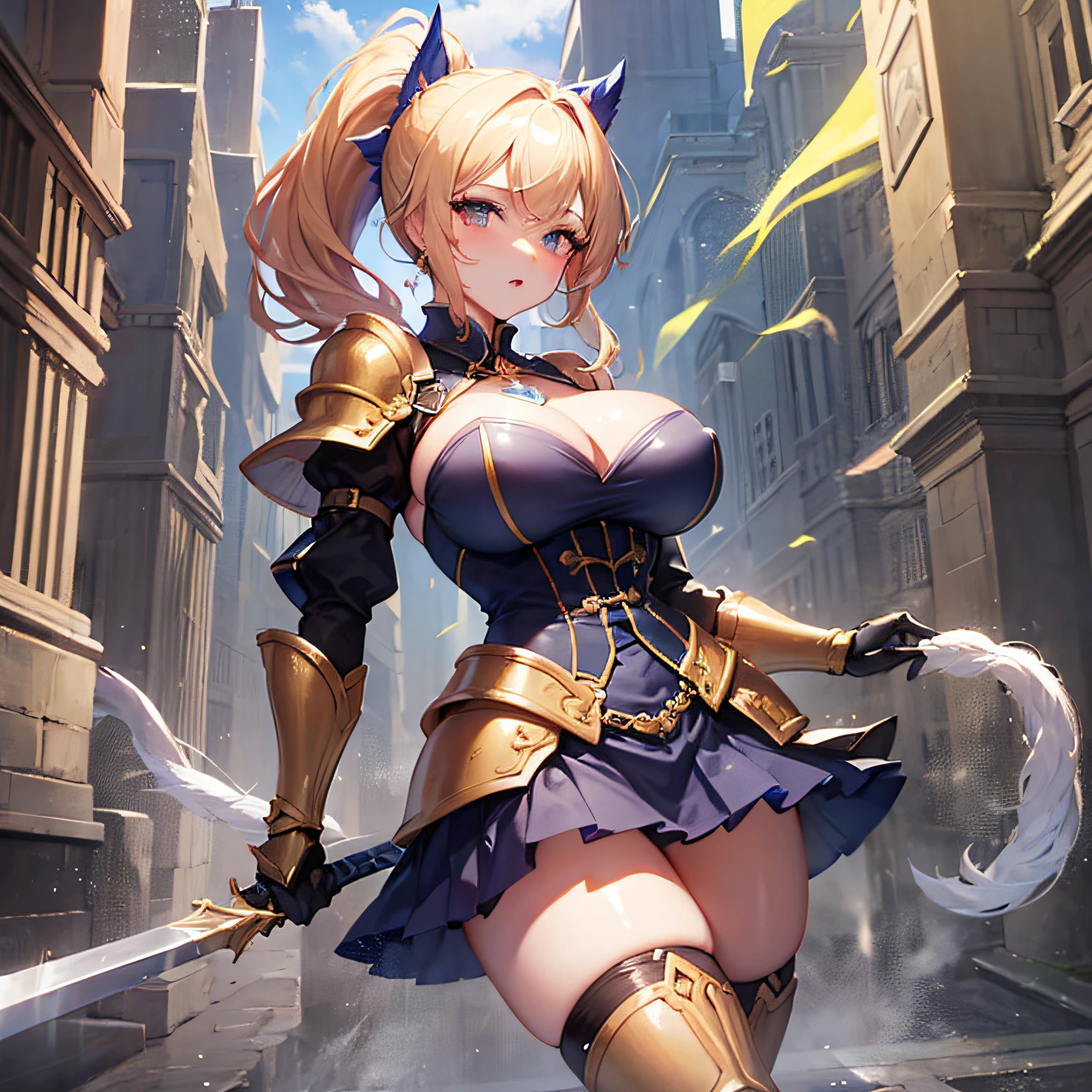Peerless beauty, perfect slim body, mature royal sister face, double ponytail curls, knightly armor, sexy and seductive, beautiful face, full body portrait, standing pose, 4K picture quality, feminine expression, blush shyness, star-like deep eyes, huge breasts, short skirt, sword and magic. Bust overflow, fighting with Warcraft, speed lines, best quality, masterpieces,
