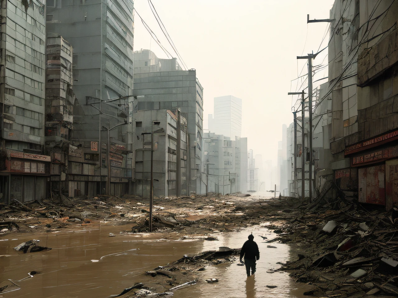 Floods, storms, typhoons, tornadoes, turbid currents, city buildings with trains passing through the streets, dusty ruins Shinjuku, post-apocalyptic Tokyo, post-apocalyptic Tokyo, junk of abandoned Shinjuku, octane rendering. Makoto Shinkai, abandoned Shinjuku Junk Town, Tokyo anime scene, ultra-realistic cyberpunk city, abandoned dystopian city, cyberpunk Hiroshima, futuristic background of Tokyo