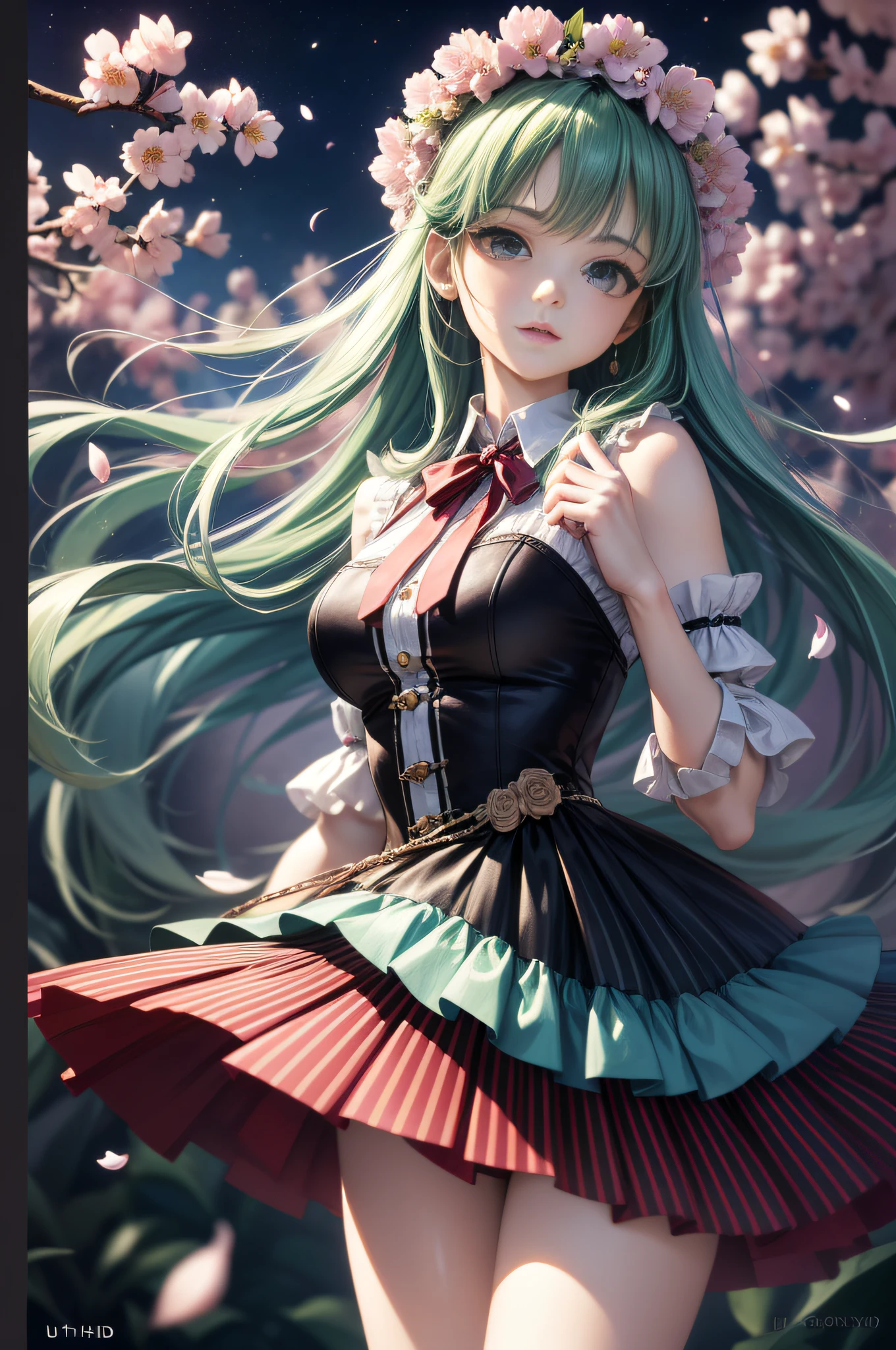 (masterpiece, illustration, high quality), (super detailed background and characters), (multicolor drawing), (multicolor hair), 3D anime woman, very beautiful, dark blue eyes, 20 years old, long hair Fluttering in the wind, cherry blossoms fluttering at night, one piece with large exposure, UHD, HDR, 8K, (masterpiece), (highest quality)