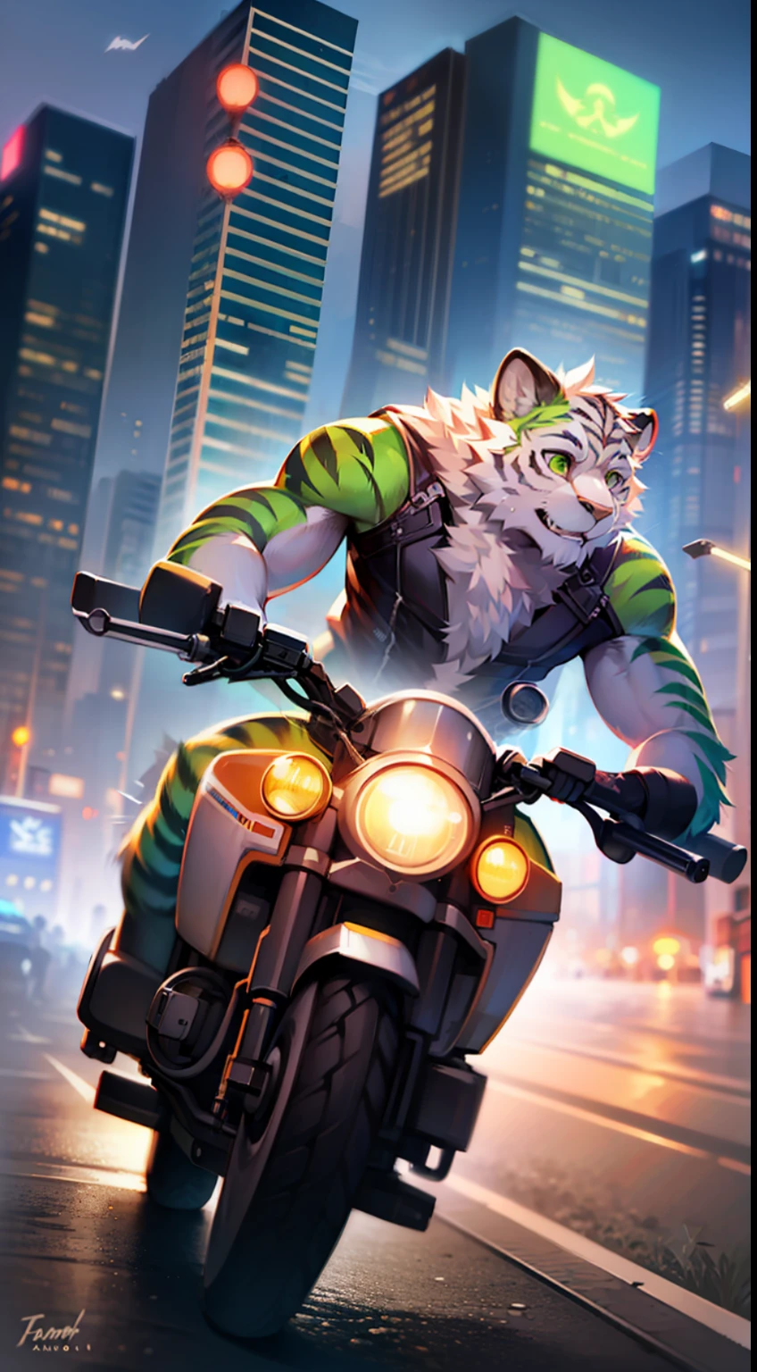 sexy male cyborg furry riding motorcycle, white tiger race, white fur, green markings, futuristic city, cyberpunk, depth of field, motion blur, panning lens,