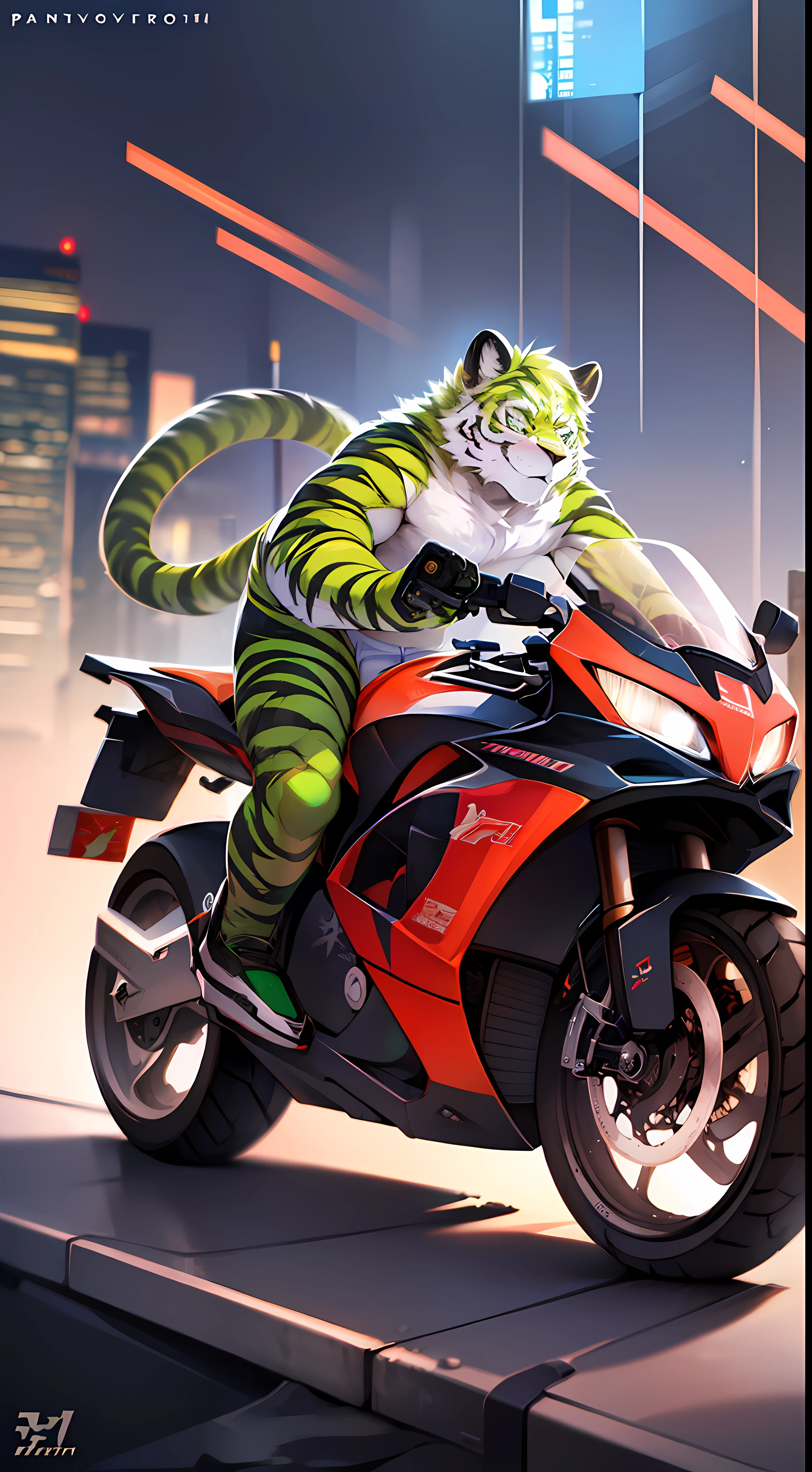 sexy male cyborg furry riding motorcycle, white tiger race, white fur, green markings, futuristic city, cyberpunk, depth of field, motion blur, panning lens,