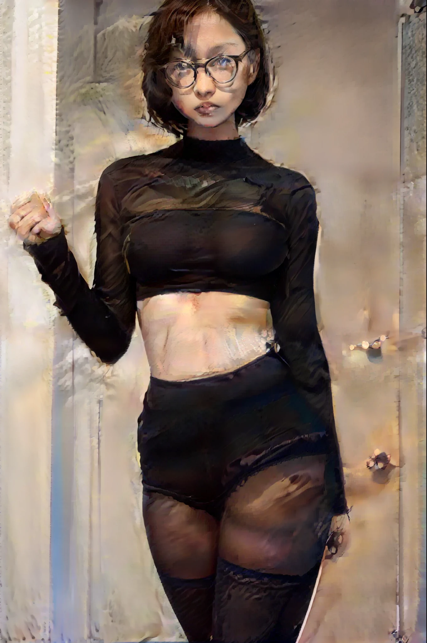 girl with round glasses, wearing a crop top and tights, with short black hair that is neck length