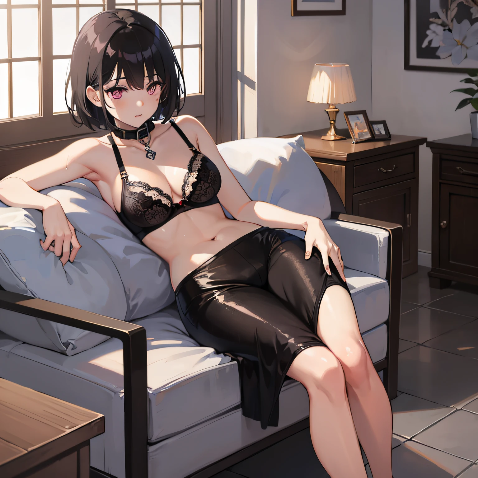 masterpiece, high quality, girl, short black hair, pink eyes, sleeping, collar, translucent bra, wet panties, standing, full-length, feet