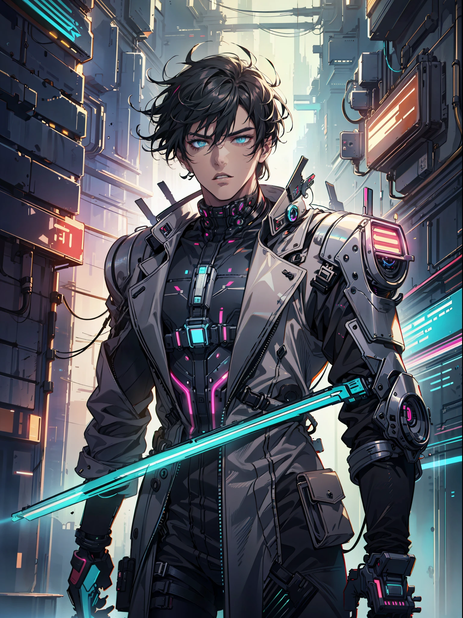 (1man), solo,{{{masterpiece}}}, {{{best quality}}}, {{ultra-detailed}}, {illustration}, cinematic angle, {detailed light},cinematic lighting, handsome man, 8k, black hair, dynamic pose. A charismatic cyberpunk man with striking features, enhanced cybernetic eyes glowing with neon blue light, holding laser gun. He wears a sleek black leather trench coat with glowing circuit patterns, showcasing his high-tech attire. The man stands against a backdrop of towering futuristic skyscrapers, their surfaces covered in holographic advertisements and digital graffiti. Octane rendering, bioluminescence, 8K resolution concept art, realism, dusk, mappa studio, masterpiece, highest quality, official art, illustration, perfect composition,