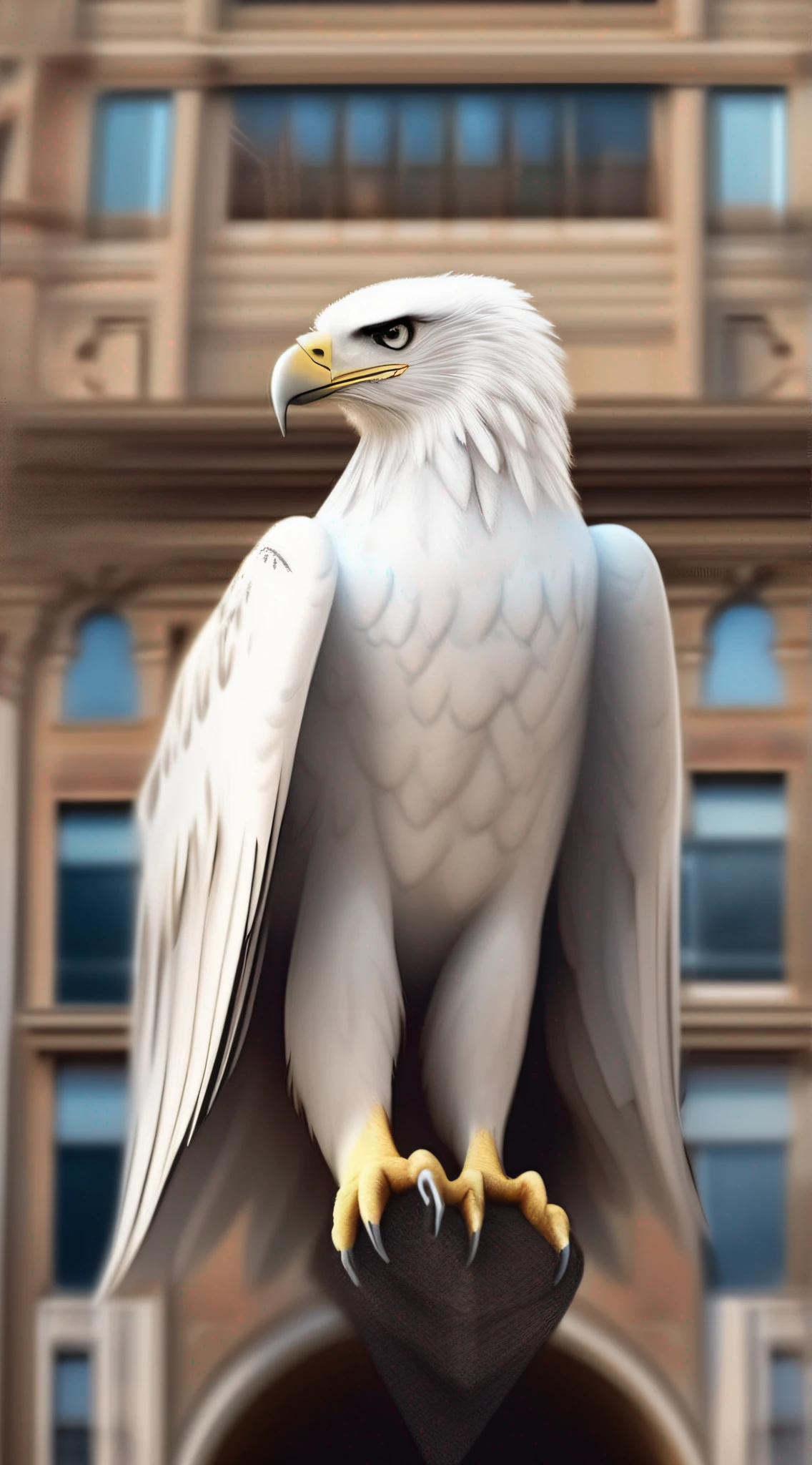 A huge white eagle, about to spread its wings above the towering building, majestic wings, beautiful eagle head, perfect beak, perfect eagle claws, picture centered, super detail, super realistic, 8K, super high resolution,