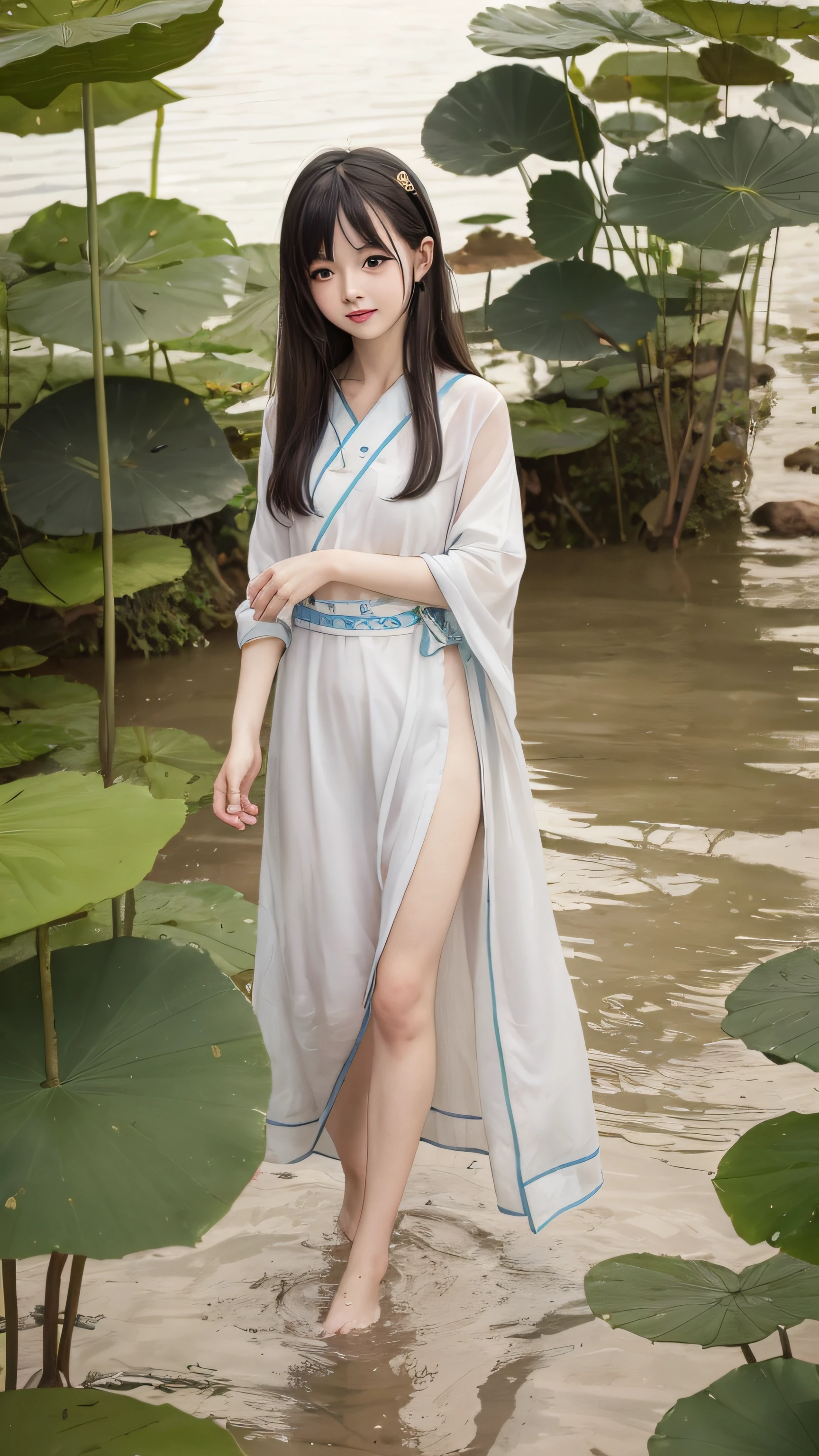 ((4k,masterpiece,best quality)), shuimobysim, Chinese painting, lotus, hanfu, maxiskit, dress conservatively 1girl, solo, long silver hair, smile, standing, feet in water, barefoot,