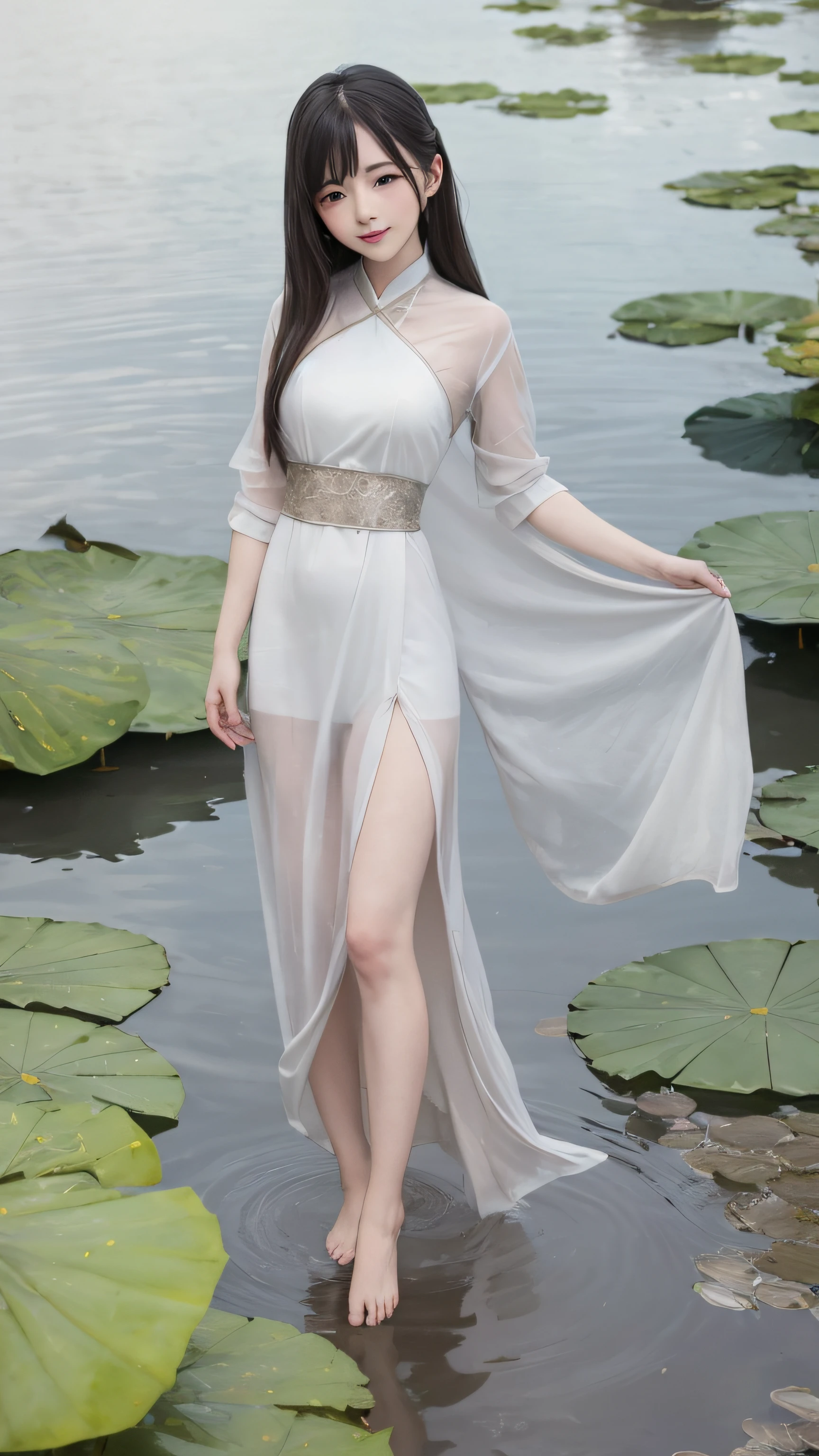 ((4k,masterpiece,best quality)), shuimobysim, Chinese painting, lotus, hanfu, maxiskit, dress conservatively 1girl, solo, long silver hair, smile, standing, feet in water, barefoot,