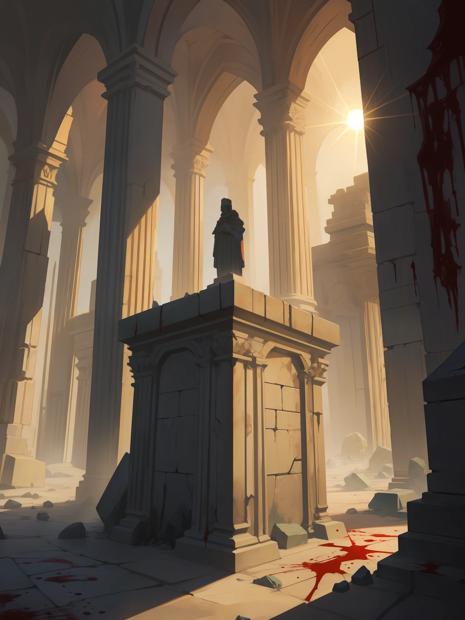 Epic, blood-stained ancient battlefield, empty, bright sun, broken stone pillars, corpses all over the ground
