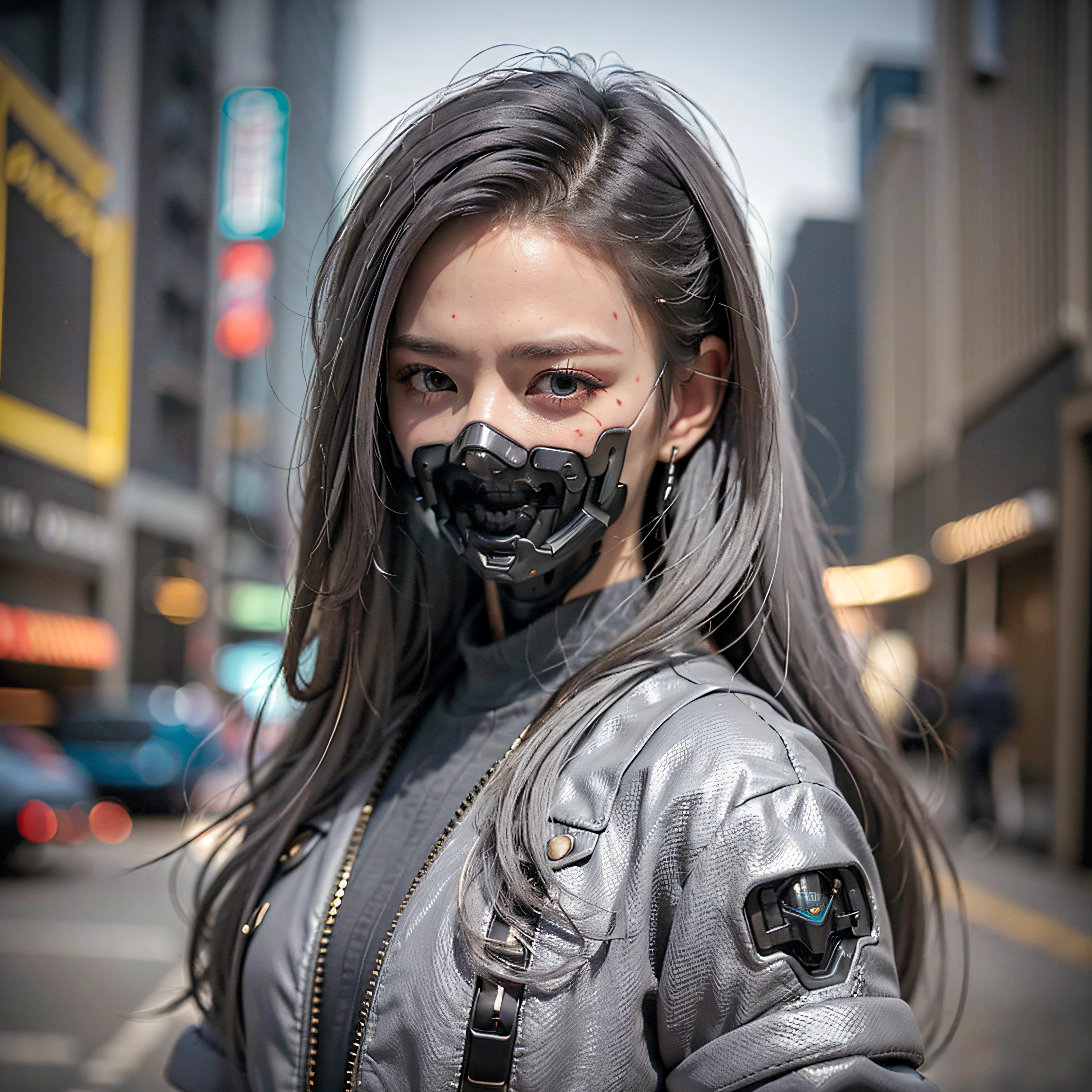 (Photorealistic:1.4), (Best Quality:1.0), (Ultra Resolution:1.0), (8K, RAW Photo), (Masterpiece:0.2), Portrait, Facial Focus,
(Cybernetic_Jawless), (mask), mechanical parts, cybernetics, 1 girl, asian girl, jacket, (long hair:1.5), (gray hair:1.5),
Cyberpunk Street background, (neon: 1.2),