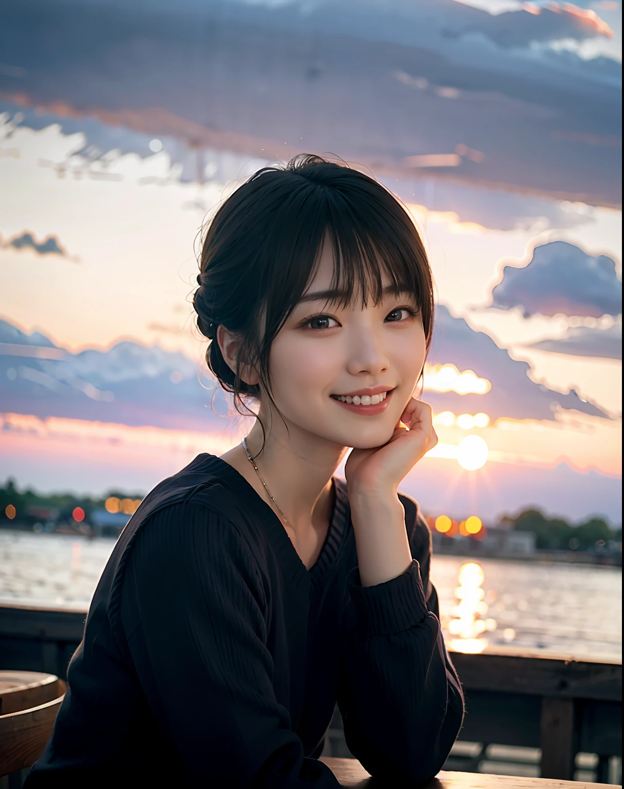 Japan girl in casual clothes, looking at the viewer, posing with a smile (highest quality, masterpiece))), high resolution, very detailed, masterpiece, cinematic lighting, (8K, highest quality, masterpiece: 1.2), (realistic, photorealistic: 1.37) Hi-Res, Super Detail, 1 Girl , Woman with glasses, Asian, Cute, Cute Face, Solo, Short Hair 1.2, Textured Skin, Beautiful smile, Beautiful detailed sky, detailed café, night, movie lighting, depth of field, lens flare light, sitting, dating, (blushing), (smile: 1.15), small breasts (mouth closed), eyes with beautiful details, (sweater: 1.1), night, (short hair: 1.2), floating hair Nova frog style,