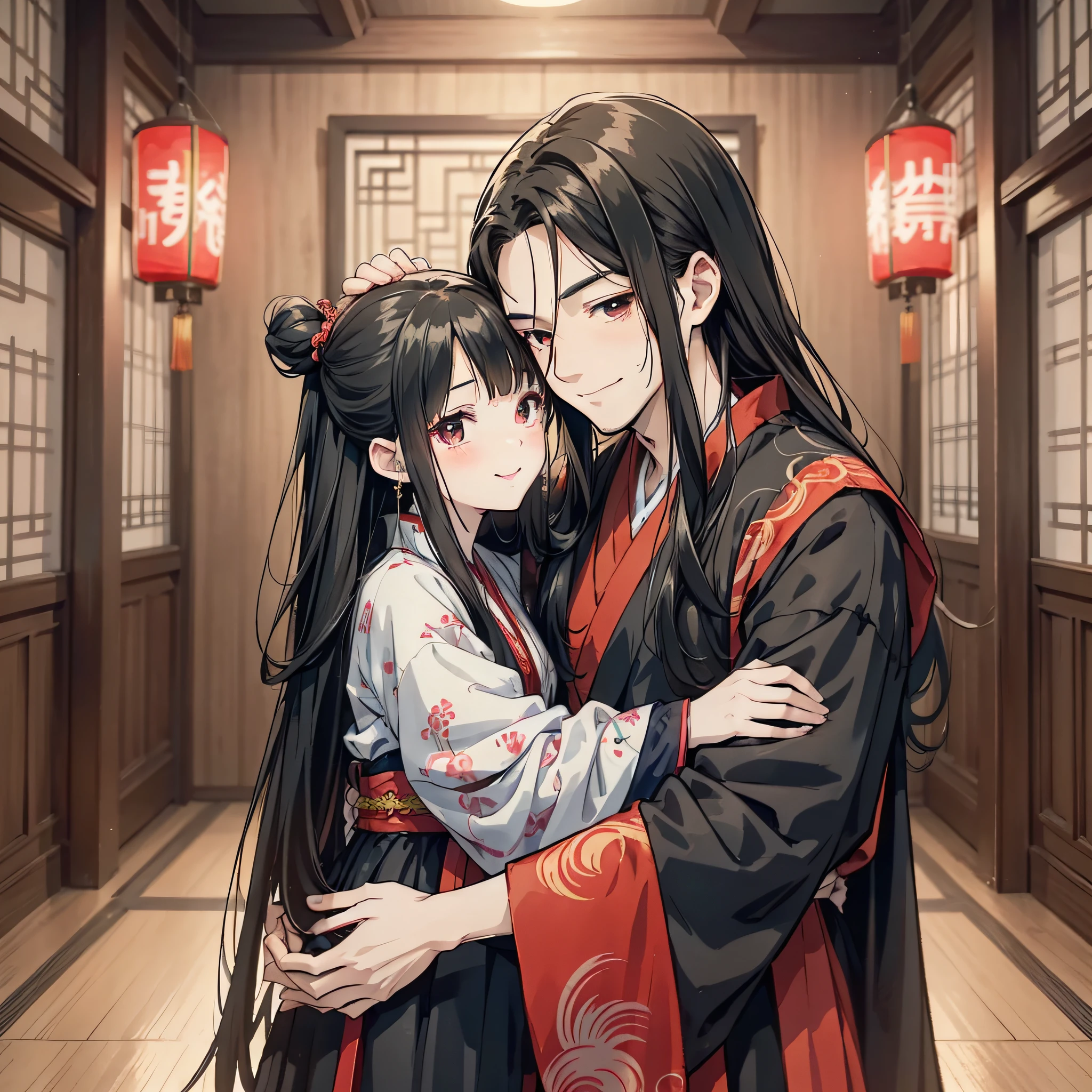 Ancient Chinese young father with long black hair and wearing red wedding banquet Hanfu hugging with a young daughter, (Hanfu 1.8) (Smile Emoji 1.5) (Middle-aged Man 1.5) (Background is Ancient Chinese Room 1.5) Anime style 4 K, anime rendering, anime style. 8K, (upper body display 1.5) (cinematic lighting 1.5)