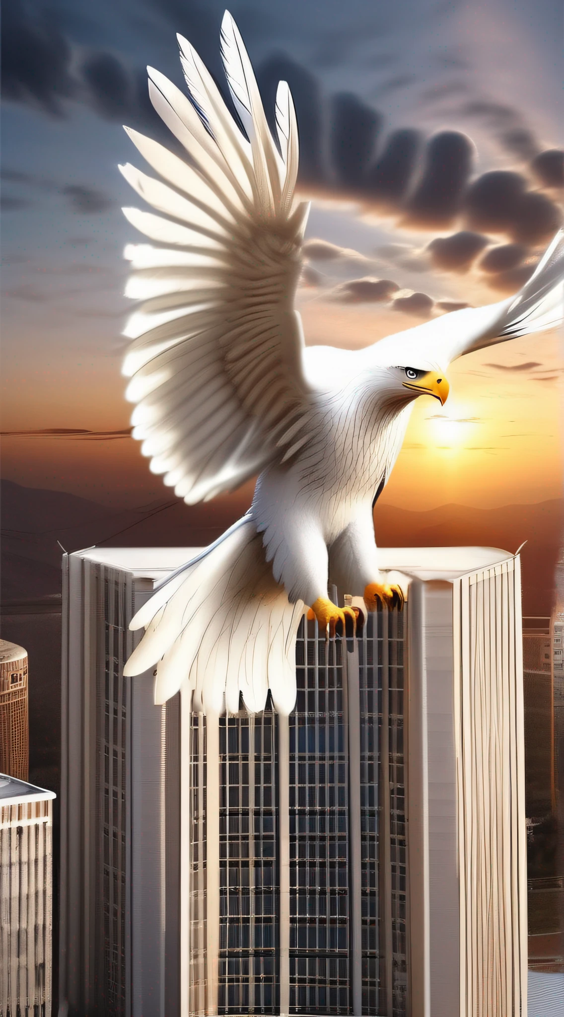 A huge white eagle, about to spread its wings above the towering building, majestic wings, beautiful eagle head, perfect beak, perfect eagle claws, picture centered, super detail, super realistic, 8K, super high resolution,