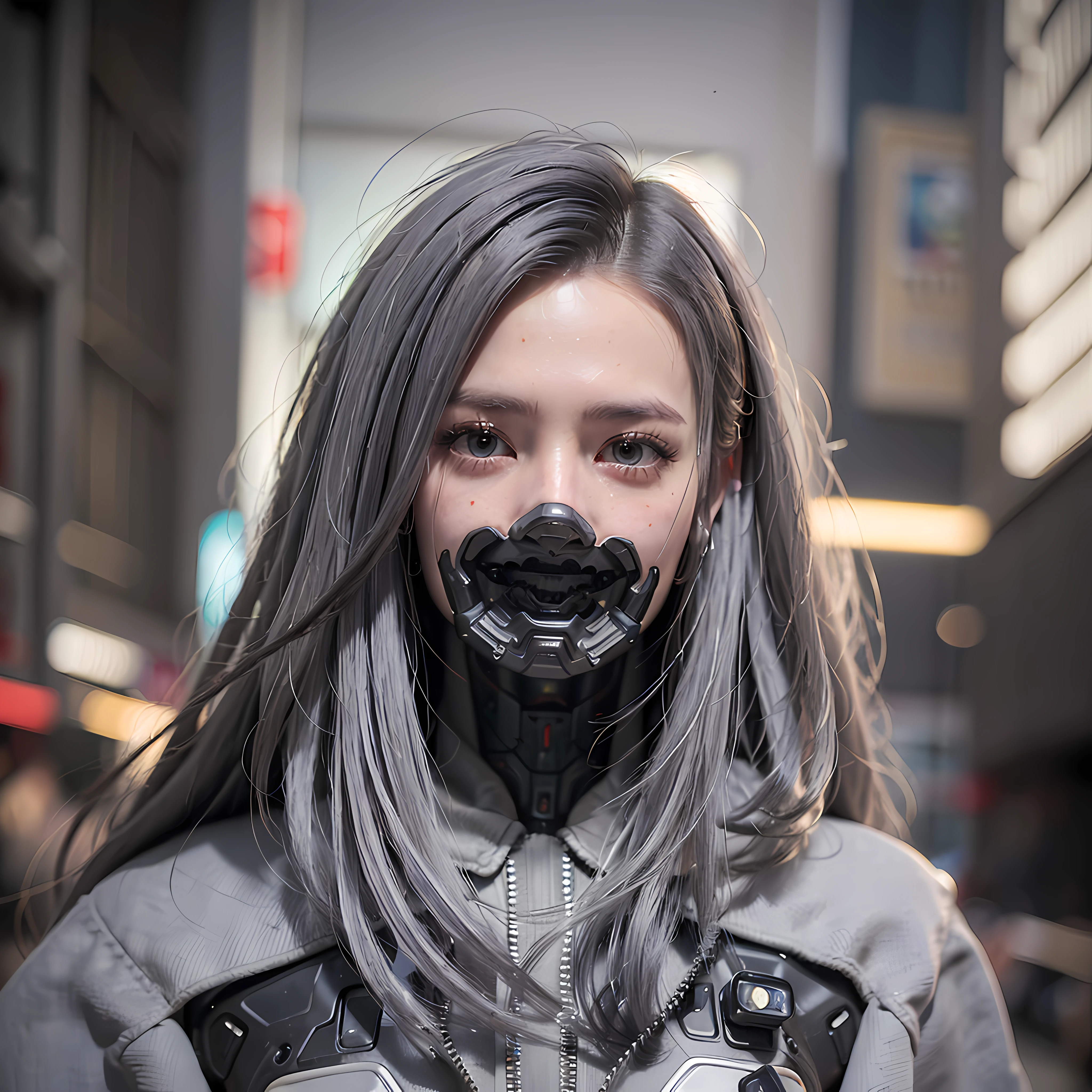 (Photorealistic:1.4), (Best Quality:1.0), (Ultra Resolution:1.0), (8K, RAW Photo), (Masterpiece:0.2), Portrait, Facial Focus,
(Cybernetic_Jawless), (mask), mechanical parts, cybernetics, 1 girl, asian girl, jacket, (long hair:1.5), (gray hair:1.5),
Cyberpunk Street background, (neon: 1.2),