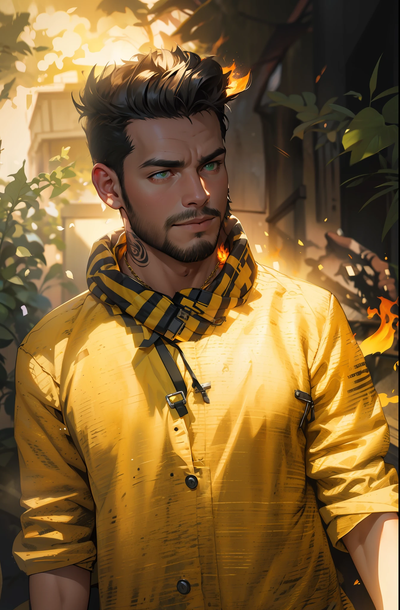1 man, solo, bad boy, close up shot, a man making green fire out of his hand, white skin, shirtless, open chest, lots of black chest tattoo, stubble facial hair, muscular, hunk, short cut hair, black hair, smirks, turn head pose, hadesstyle, green fire, mythical fire, fantasy world, best quality:1.2, masterpiece, high resolution:1.2, big light yellow trench coat, gold necklace, high camera angle, shadow, volumetric lighting