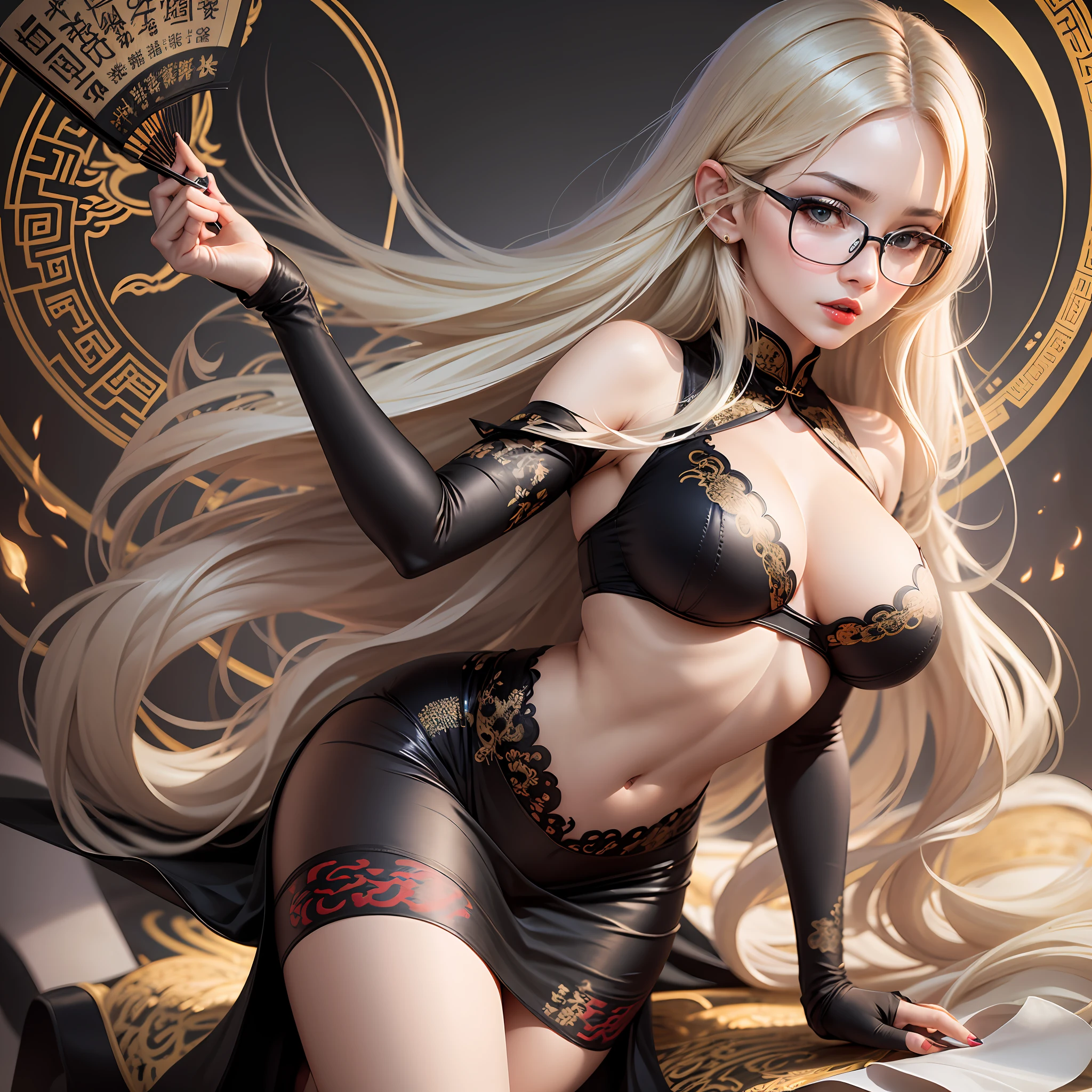 Realistic, 1girl, sexy body, sexy pose, sexy styling, sexy expression, delicate facial features, black glasses frames, beautiful eyes, light blonde hair, long hair, ultra-fine hair, floating hair, plump breasts, tight and upturned hips, black tight high-forked cheongsam, high-forked tight long skirt, embroidered gold lace, light-colored tight white stockings, black block heels, figure in the center of the frame, delicate five fingers, pale nails, open black fan in hand, fan with yellow tassels, Glowing eyes, cropped top, parted lips, blushing, Chinese dragon element in background, chest exposed breasts, open legs, red lips. --auto