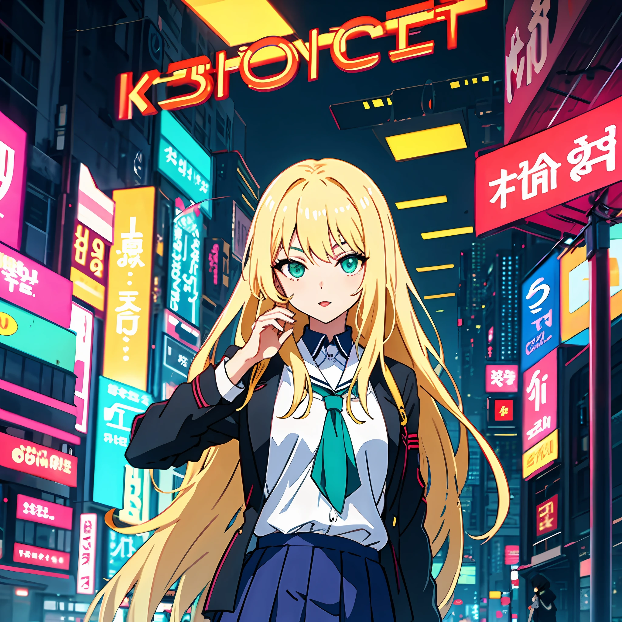 Young woman 22 years: 1.3, Blonde hair fulfilled: 1.2, Tall: 1.2, Occupation: 1.2, Daytime: 1.2, On the street: 1.2, Movie lighting, Best quality, 8k A cartoon girl with long blonde hair, (green eyes, beautiful eyes, eye highlights, sharp eyes) blonde anime girl with long hair, female anime character, anime character, (anime girl),   in a simple school uniform, gray social school uniform, she has blonde hair, anime-style (best quality) Korean girl, seductive look, sexy, ((mysterious look))(highres, chromatic freak) ((cyberpunk city background))