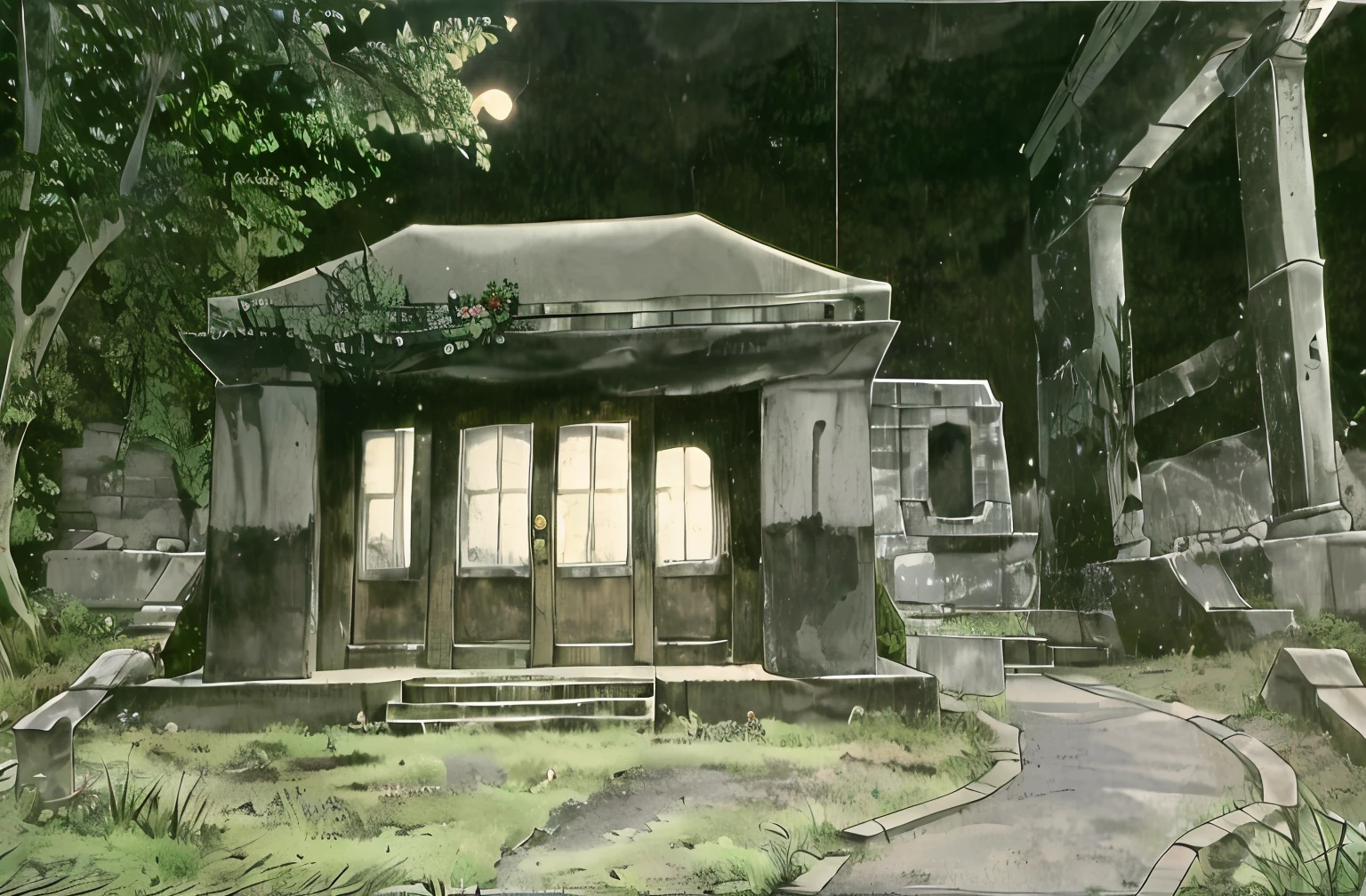 night, moonlight, small concrete structure with doors on the sides, mausoleum ruins, tomb, shot with Kodak Vision 200T, mausoleum, underground temple, tomb, shot in 35mm, basement, Fuji 4 0 0 hours, shot on expired Kodak film, shot in 3 5 mm, shot in 35mm --auto