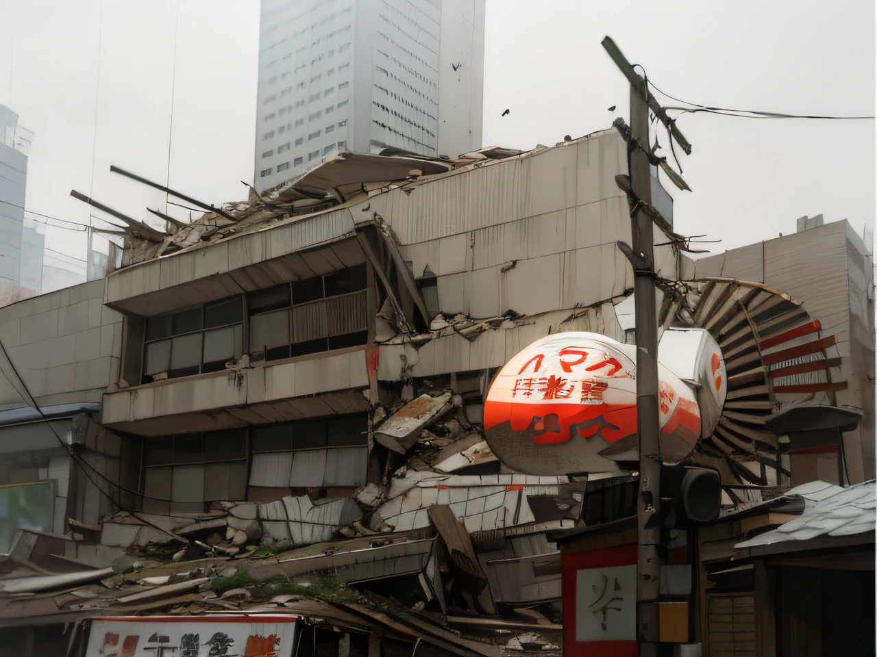 Picture of a sign that says Nishitetsu Street, vintage footage of the streets of Hakata set in post-apocalyptic Japan Hakata, storm, typhoon, Japan horror movie footage, post-apocalyptic Fukuoka, wind, blown billboard, falling building, devastation