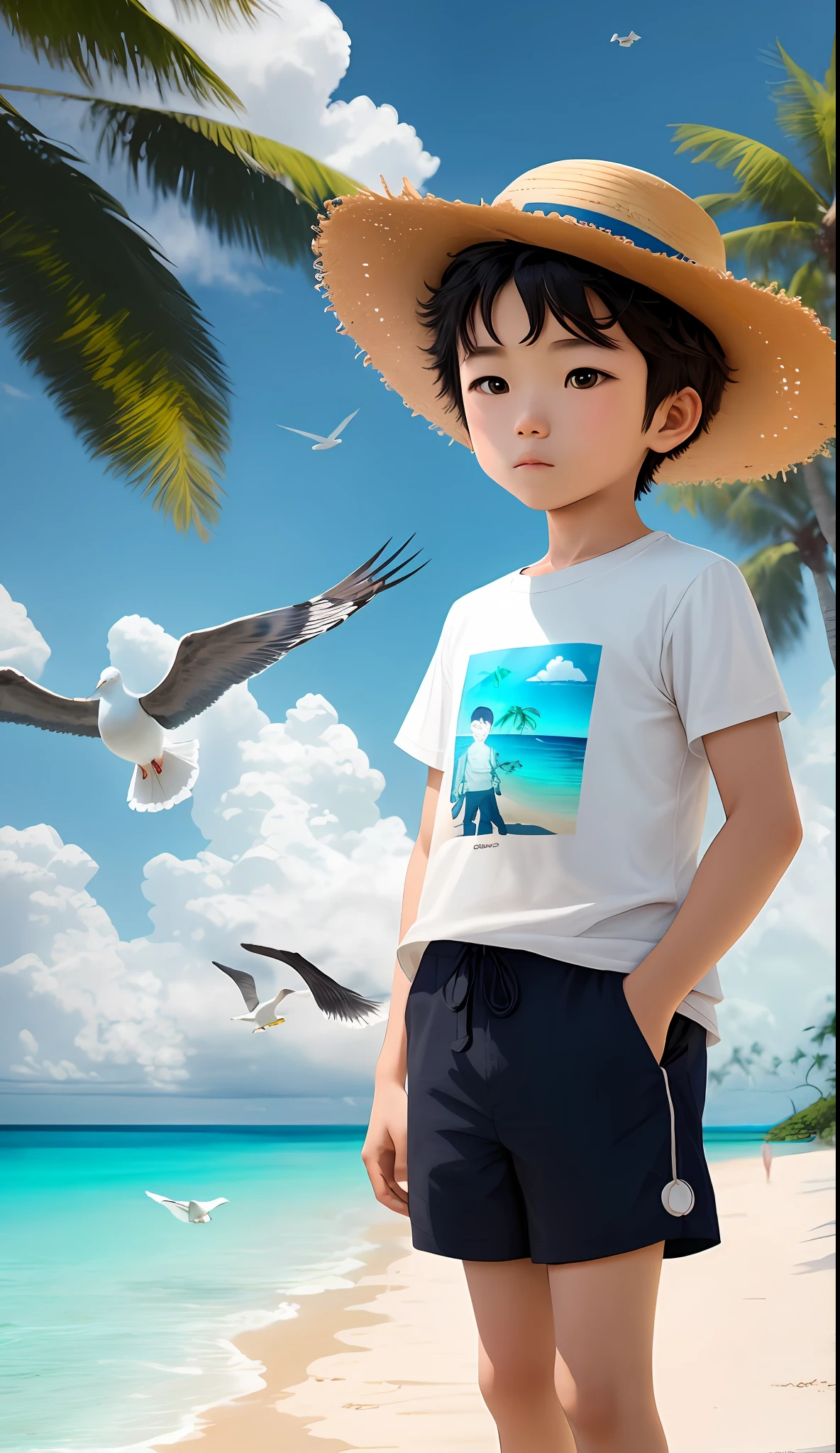 A paradisiacal beach of crystal blue waters, with beautiful seagulls in the sky, clear sand, beautiful palm trees is a five-year-old boy with light blue straight hair and honey-colored eyes wearing a straw hat and a beautiful yellow T-shirt.